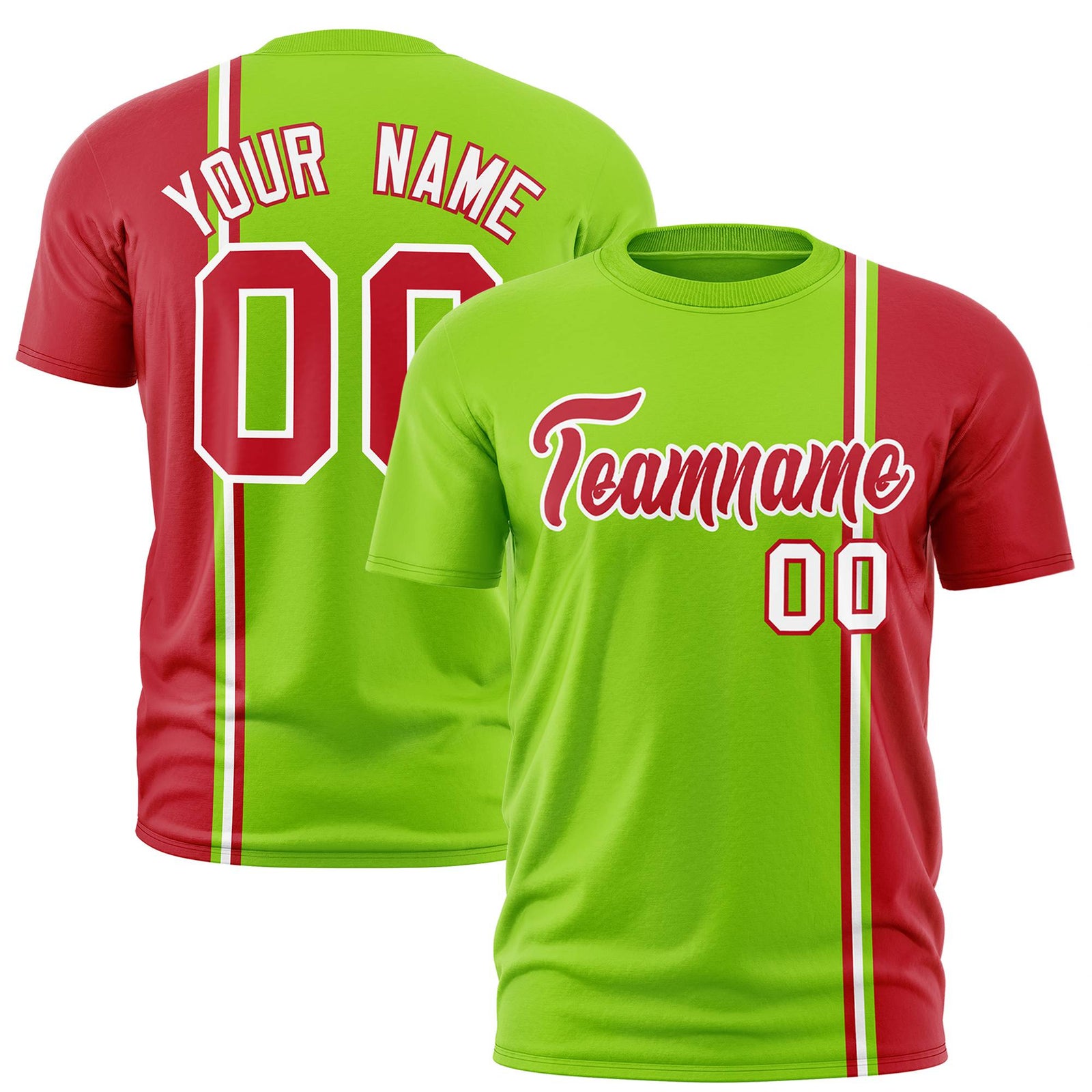 Custom Neon Green Red-White Crew neck Color Contrast Design T-Shirts