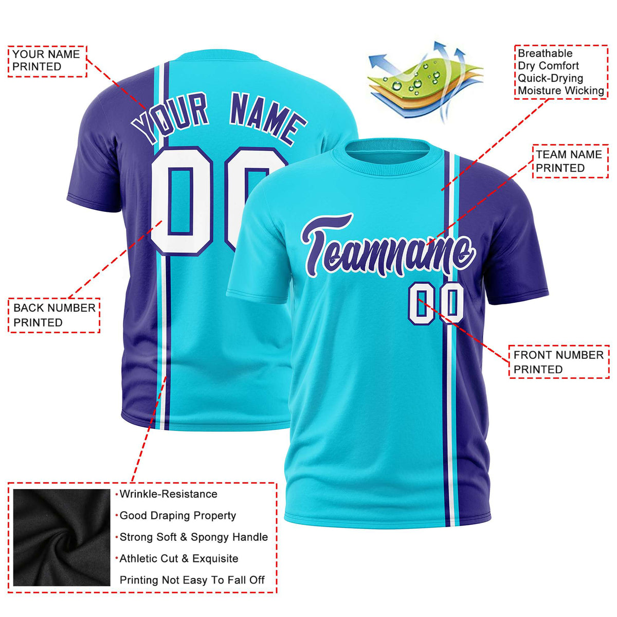 Custom Sky Blue Purple-White Crew neck Color Contrast Design T-Shirts