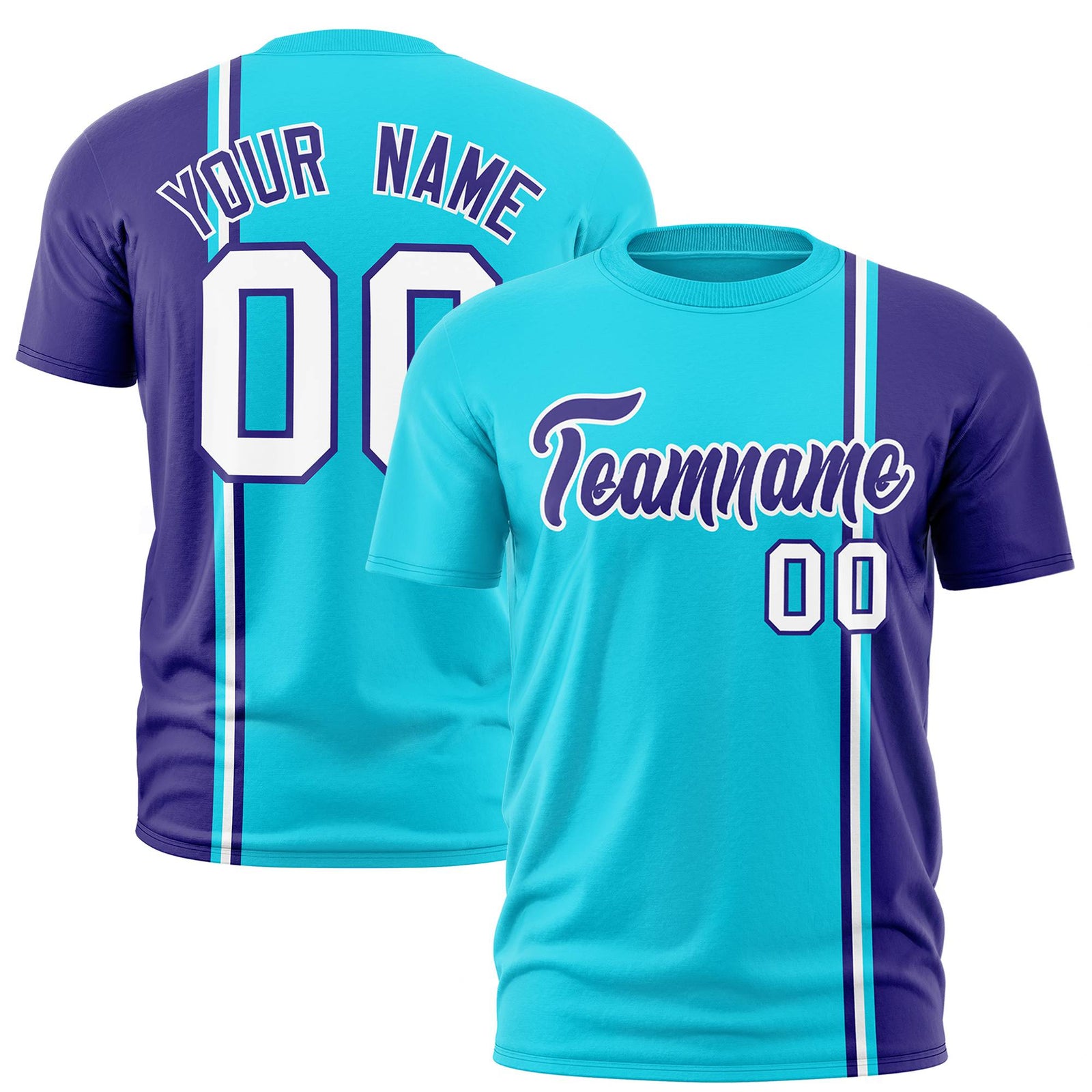 Custom Sky Blue Purple-White Crew neck Color Contrast Design T-Shirts