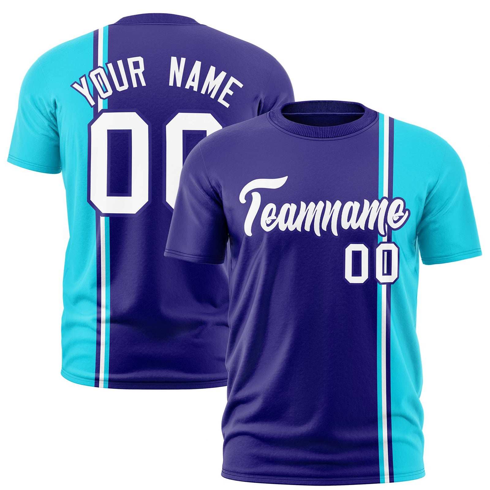 Custom Purple Sky Blue-White Crew neck Color Contrast Design T-Shirts