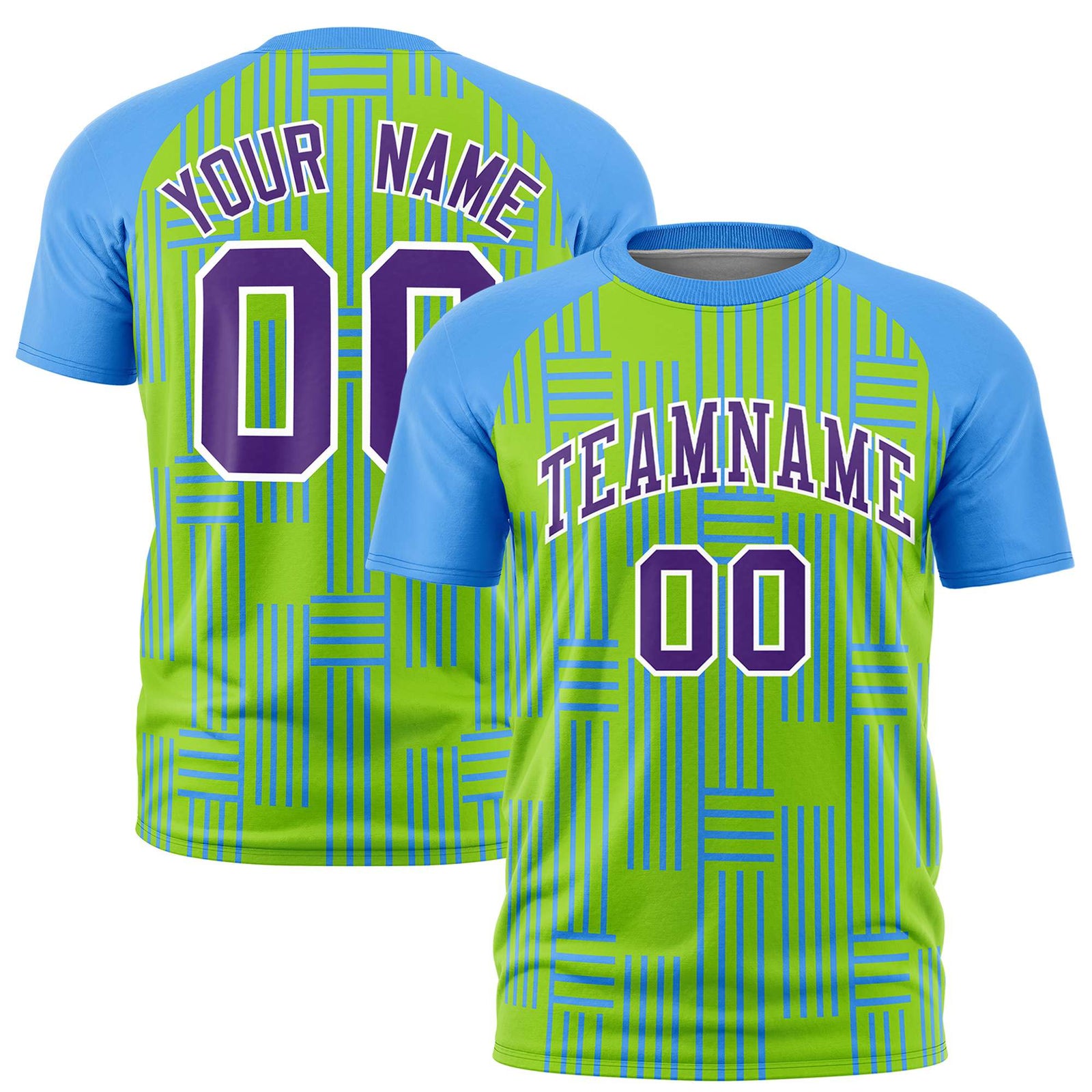 Custom Neon Green-Powder Blue Personalized Line Pattern Performance T-Shirt