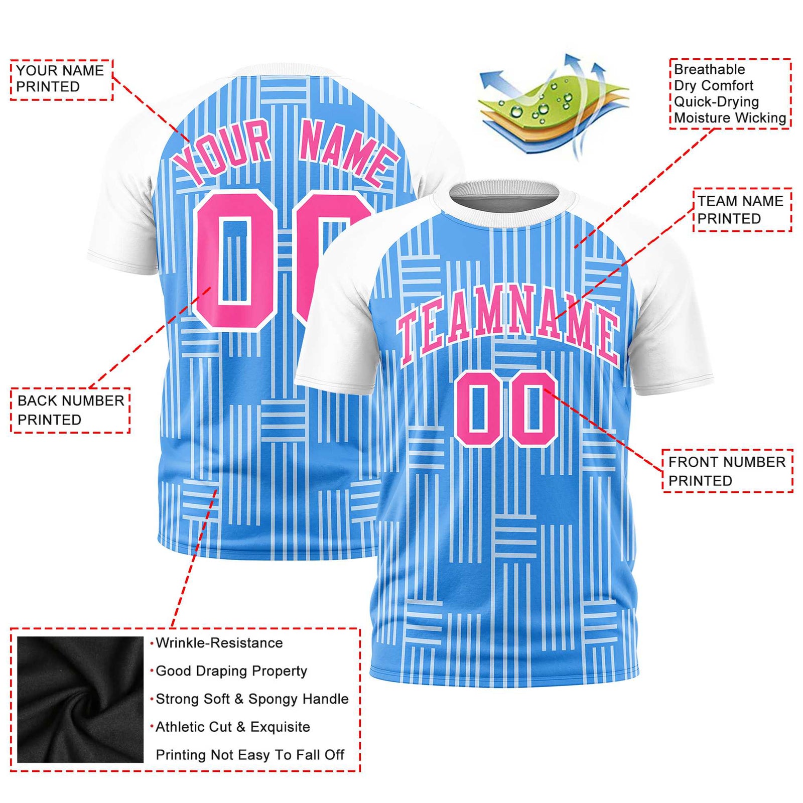 Custom Powder Blue-White Personalized Line Pattern Performance T-Shirt
