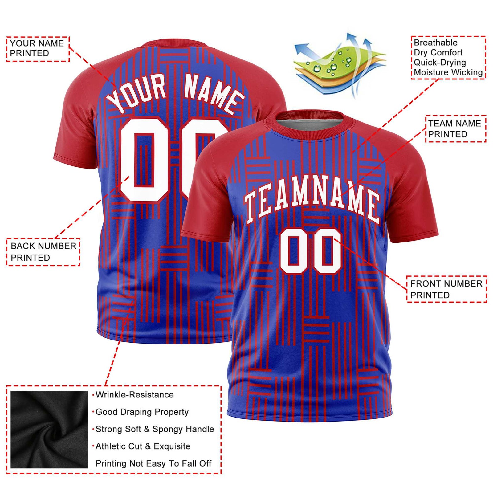 Custom Royal Blue-Red Personalized Line Pattern Performance T-Shirt