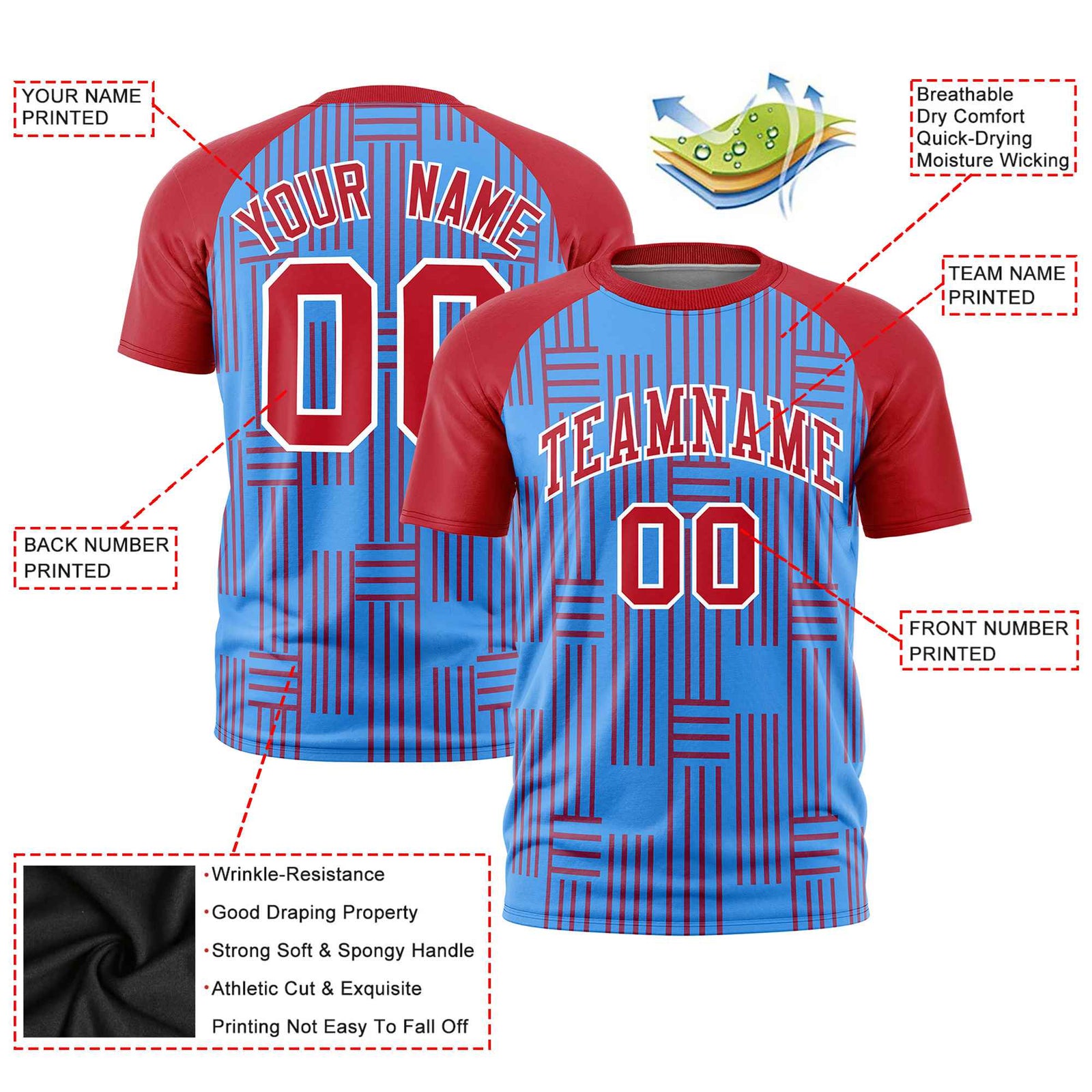 Custom Powder Blue-Red Personalized Line Pattern Performance T-Shirt