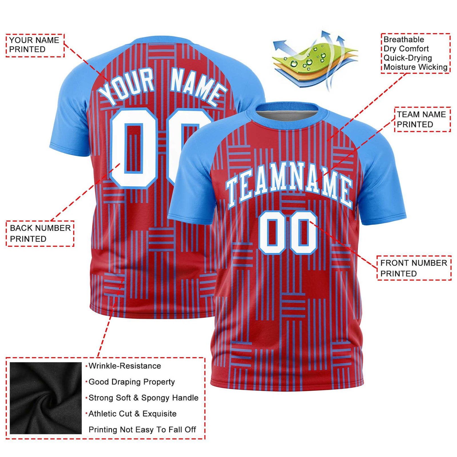 Custom Red-Powder Blue Personalized Line Pattern Performance T-Shirt