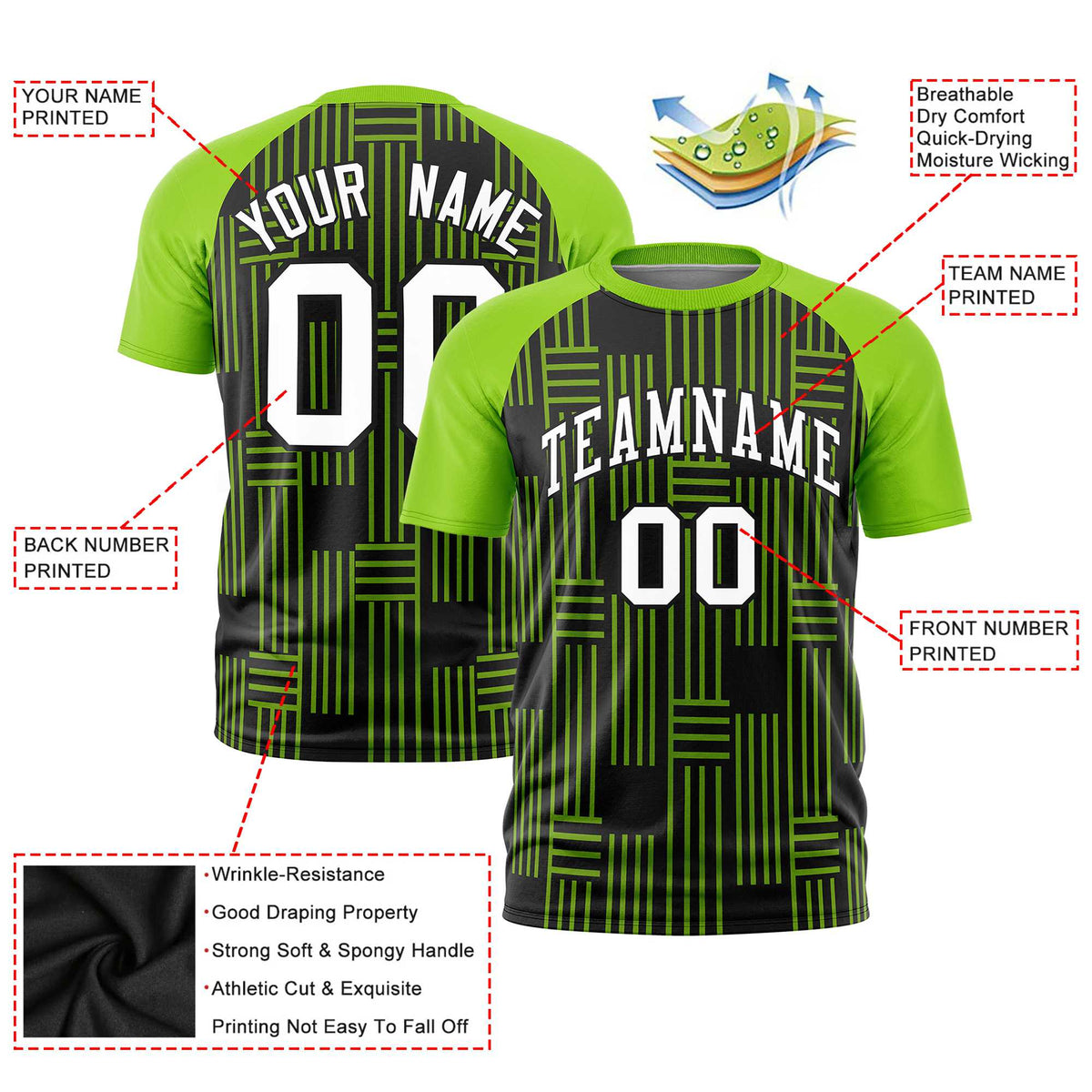 Custom Black-Neon Green Personalized Line Pattern Performance T-Shirt