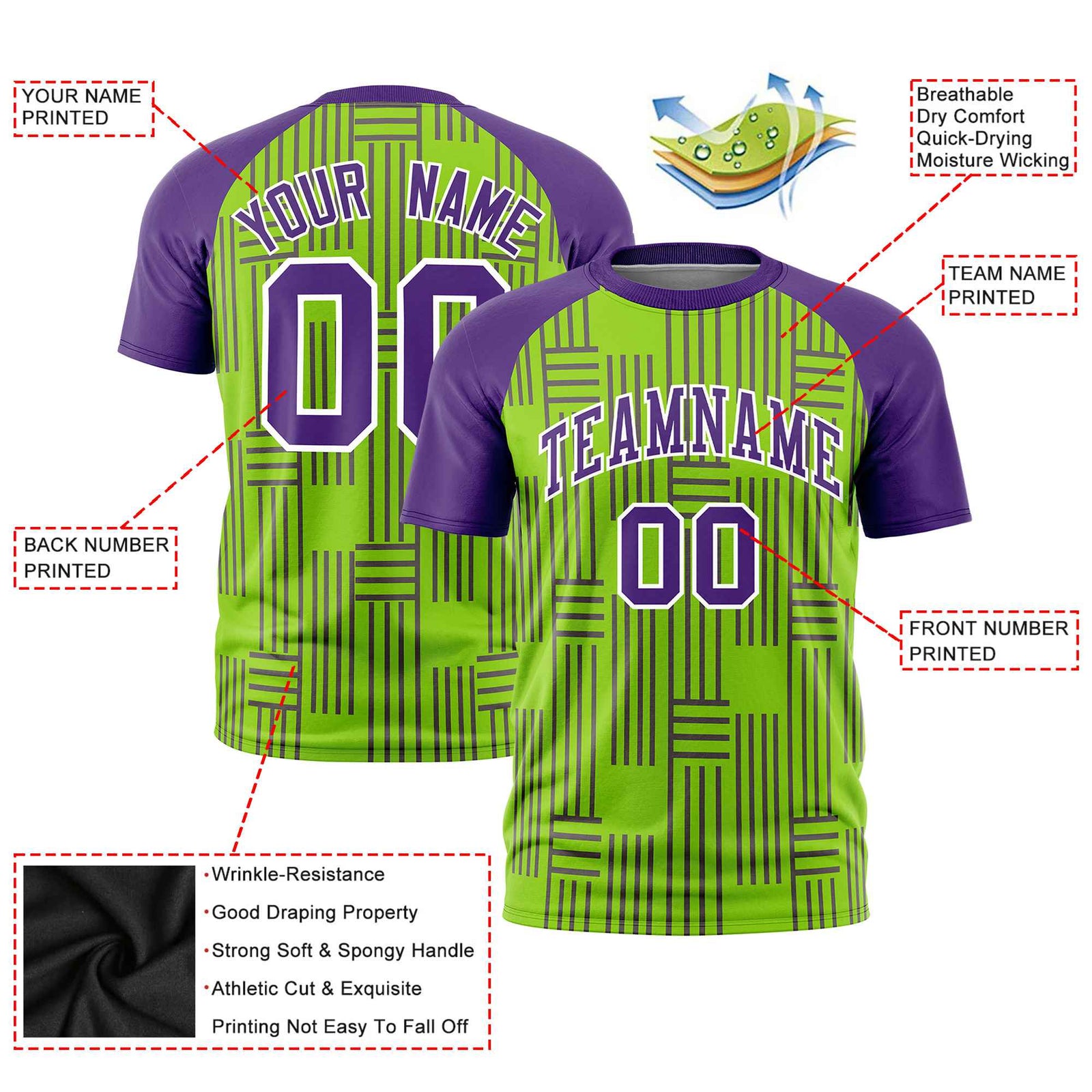 Custom Neon Green-Purple Personalized Line Pattern Performance T-Shirt