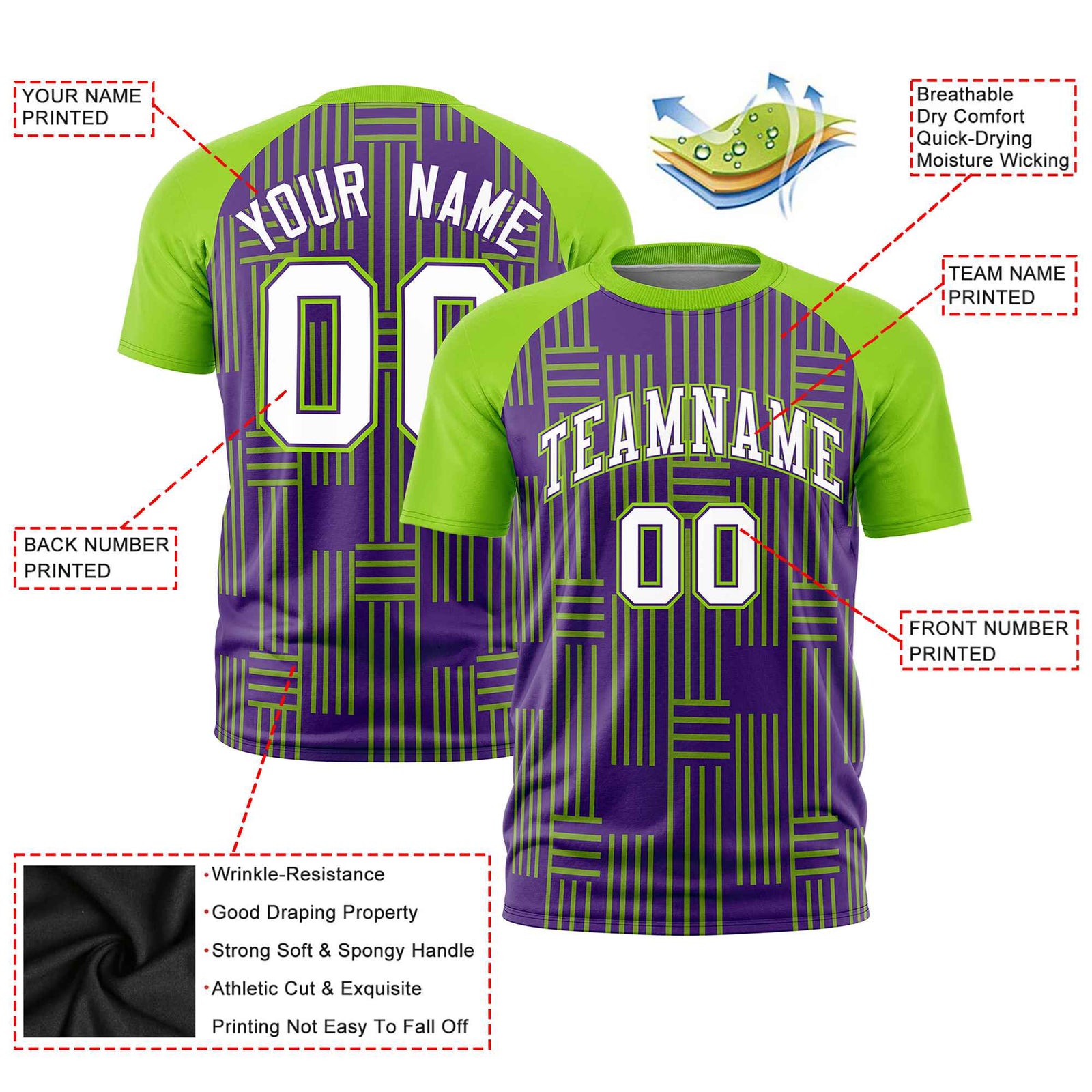 Custom Purple-Neon Green Personalized Line Pattern Performance T-Shirt