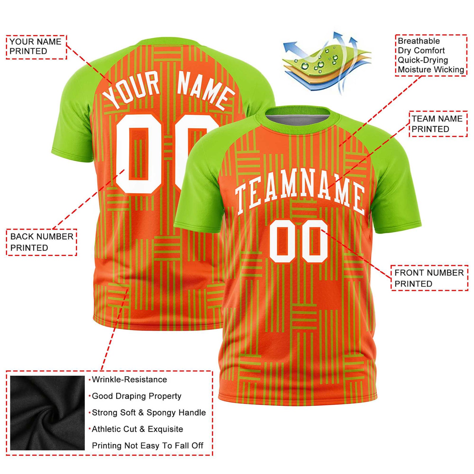 Custom Orange-Neon Green Personalized Line Pattern Performance T-Shirt