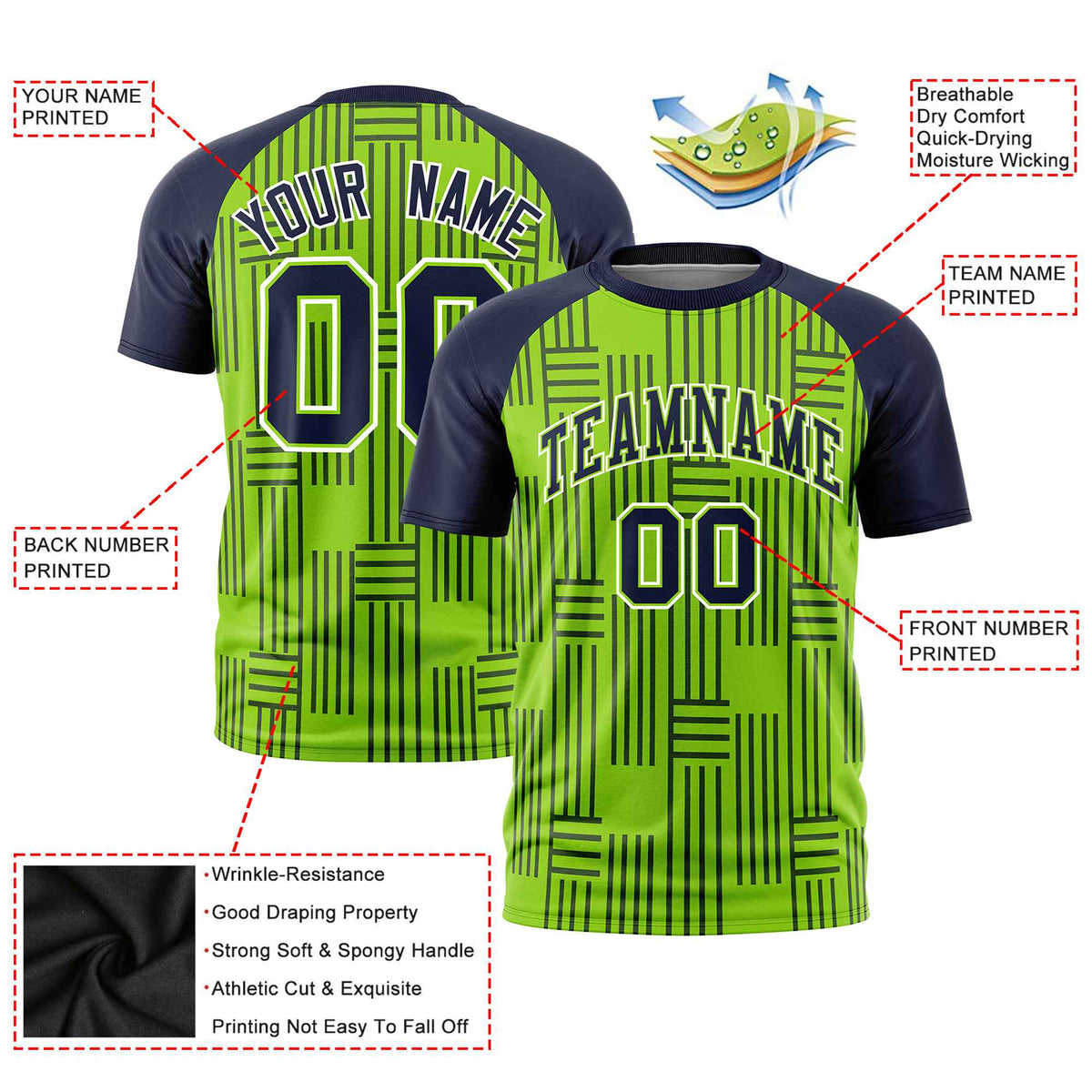 Custom Neon Green-Navy Personalized Line Pattern Performance T-Shirt