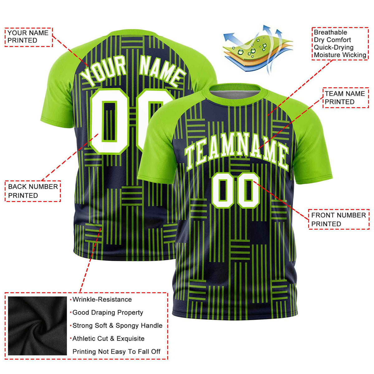 Custom Navy-Neon Green Personalized Line Pattern Performance T-Shirt