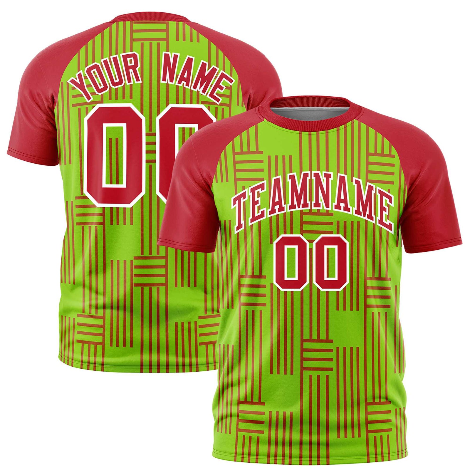Custom Neon Green-Red Personalized Line Pattern Performance T-Shirt