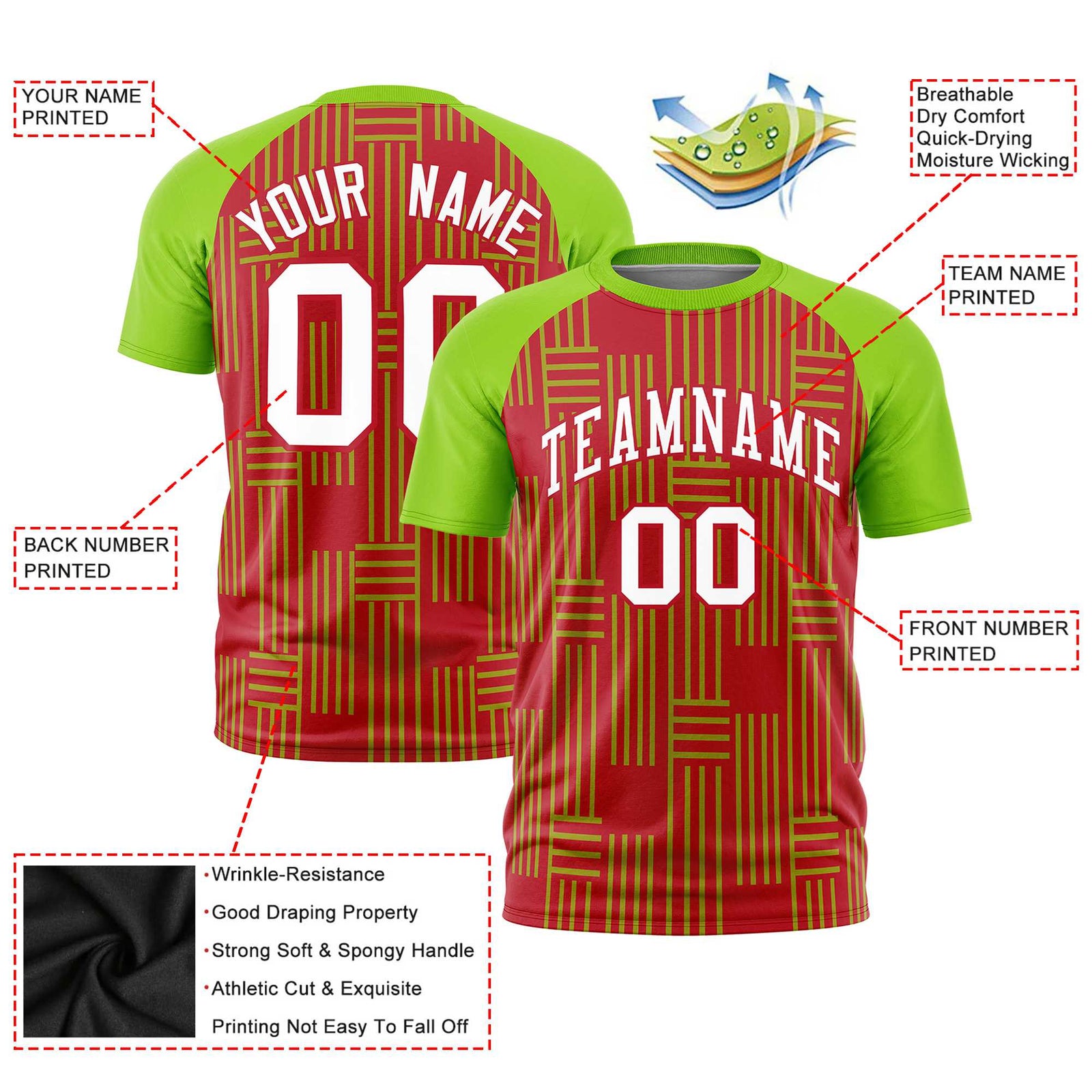 Custom Red-Neon Green Personalized Line Pattern Performance T-Shirt