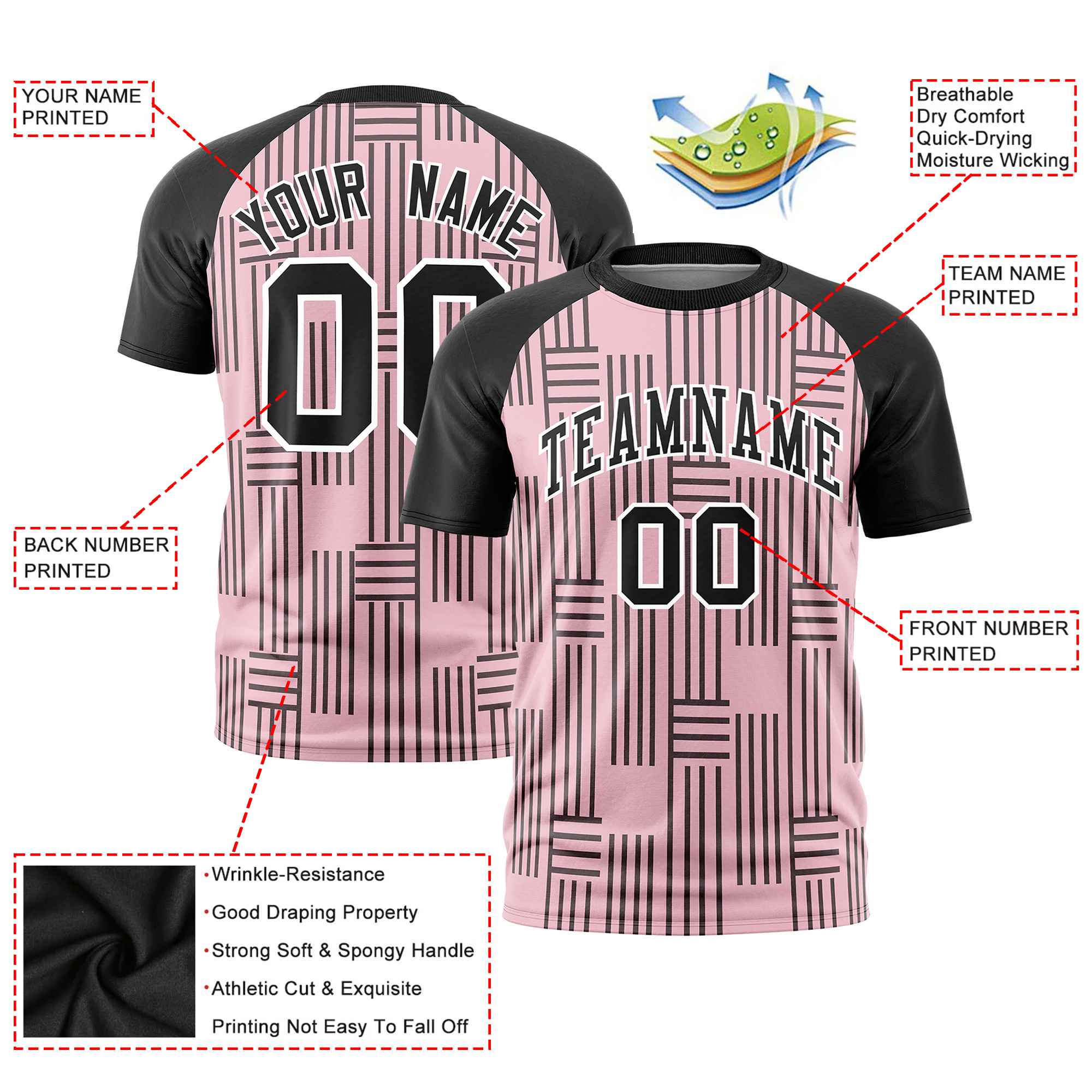 Custom Light Pink-Black Personalized Line Pattern Performance T-Shirt