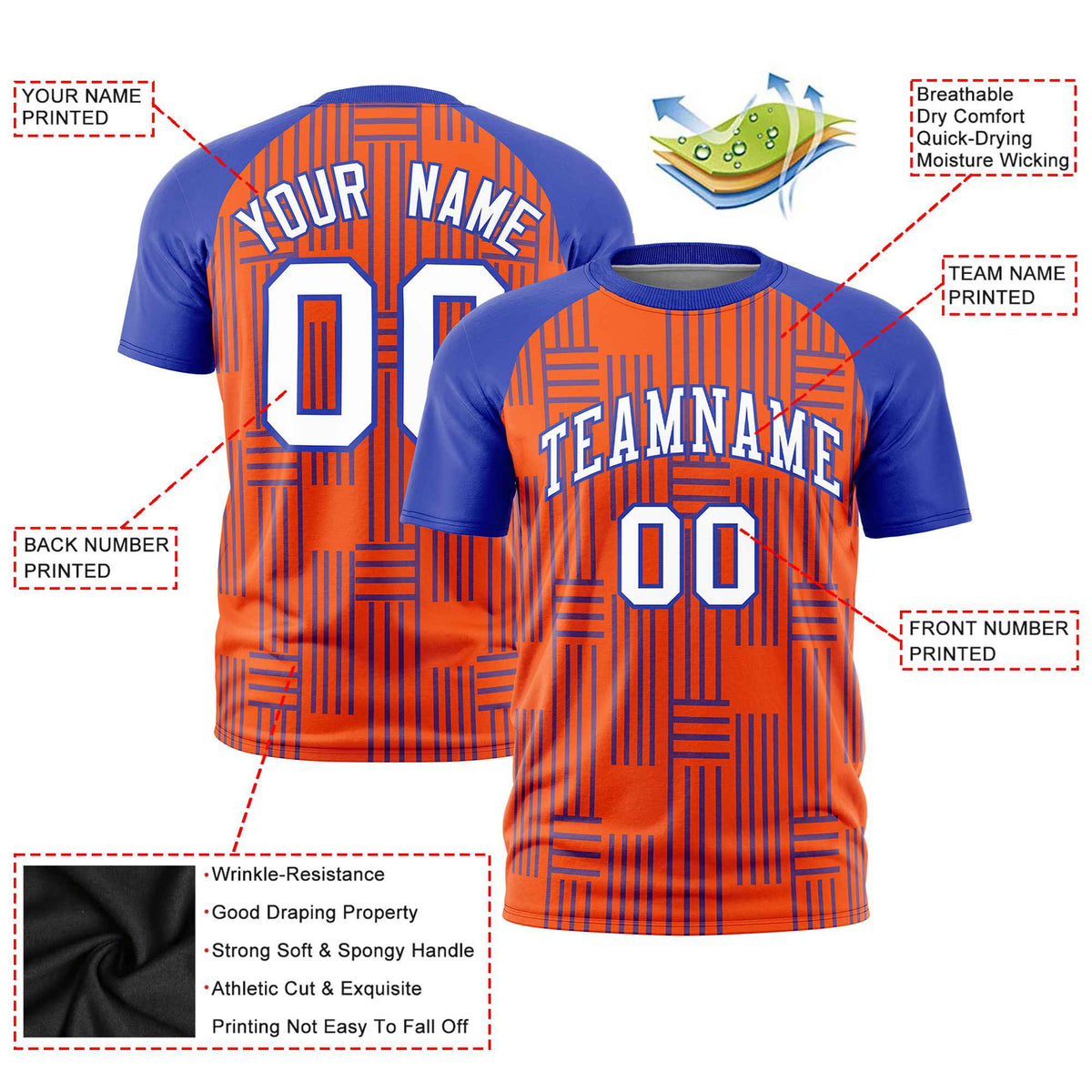 Custom Orange-Royal Blue Personalized Line Pattern Performance T-Shirt