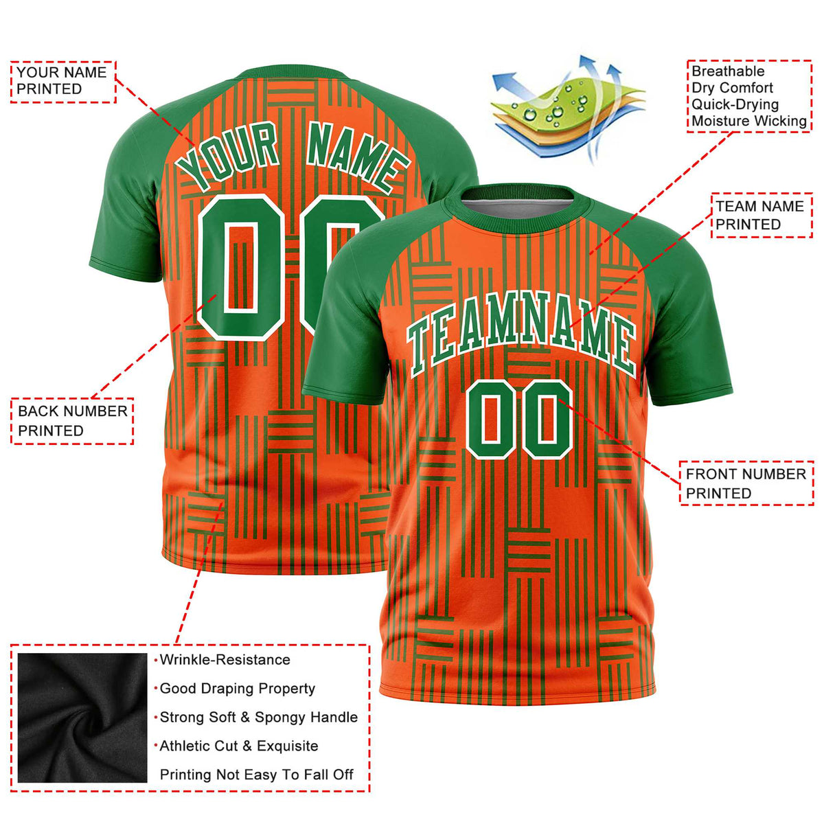 Custom Orange-Kelly Green Personalized Line Pattern Performance T-Shirt