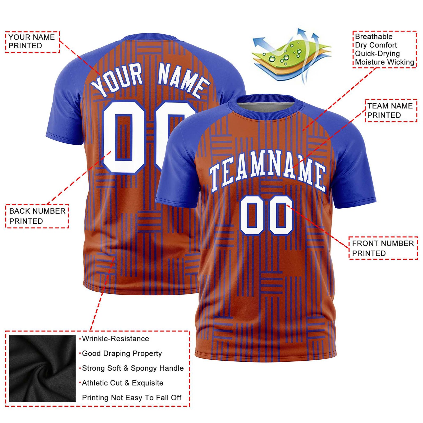 Custom Texas Orange-Royal Blue Personalized Line Pattern Performance T-Shirt