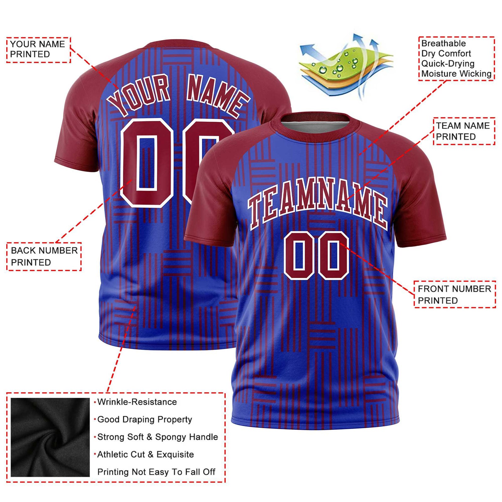 Custom Royal Blue-Crimson Personalized Line Pattern Performance T-Shirt