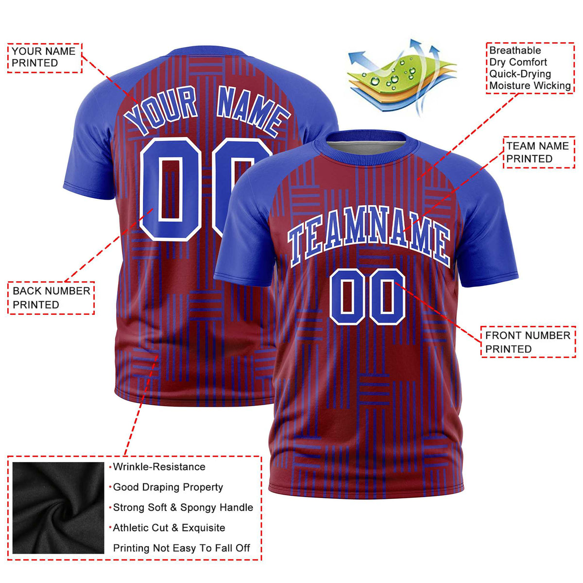 Custom Crimson-Royal Blue Personalized Line Pattern Performance T-Shirt