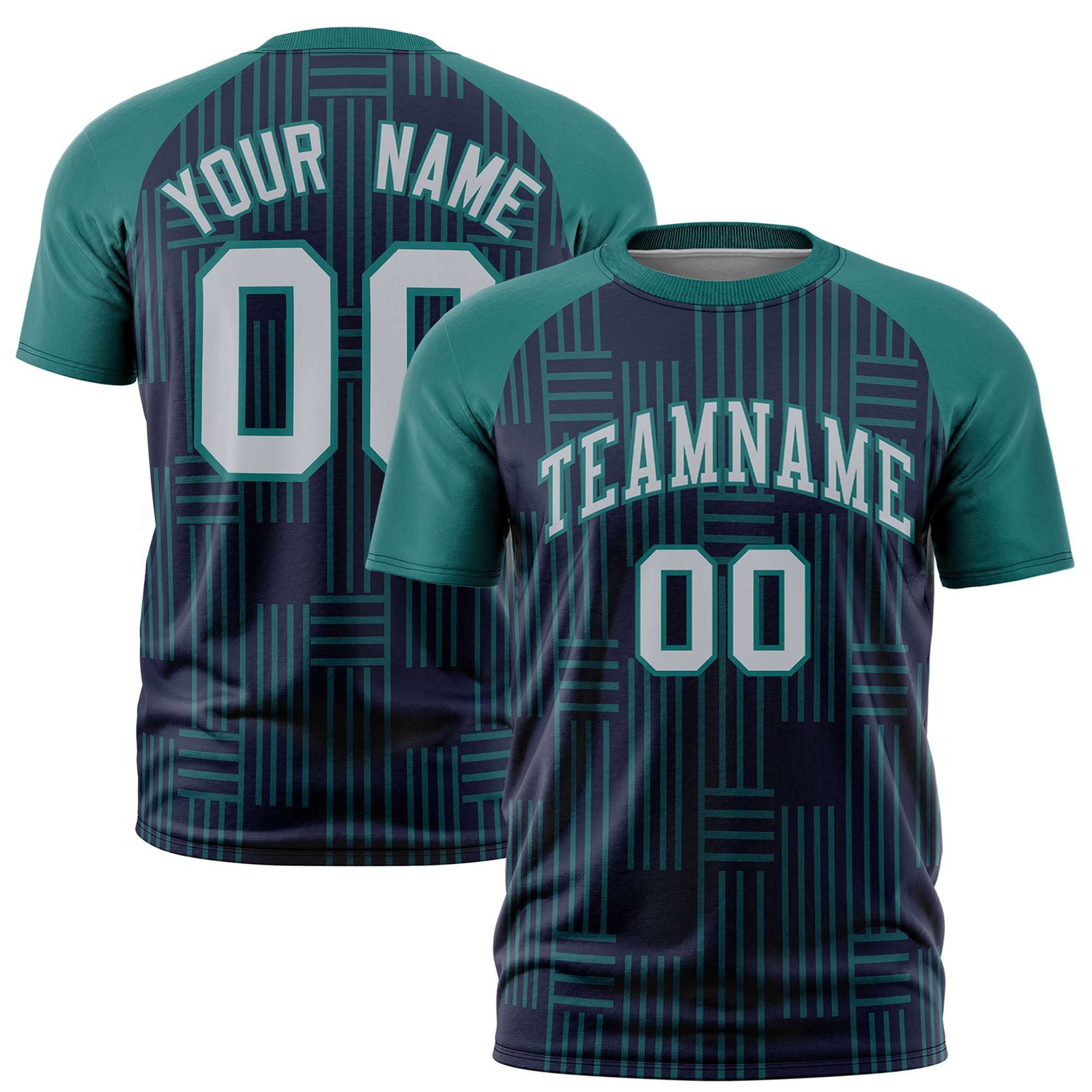 Custom Navy Aqua Personalized Line Pattern Performance T-Shirt