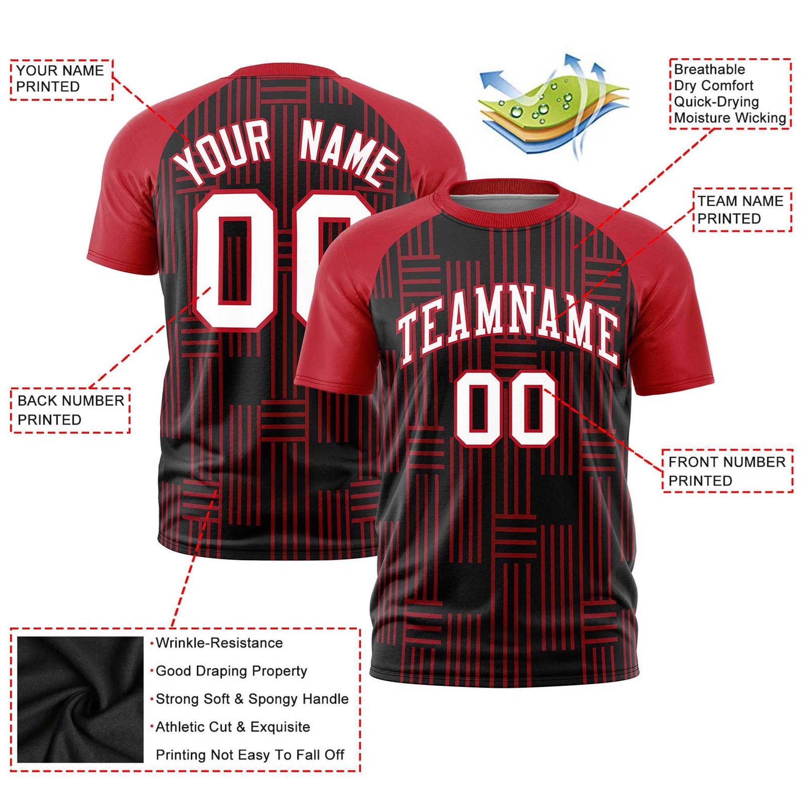 Custom Black Red Personalized Line Pattern Performance T-Shirt