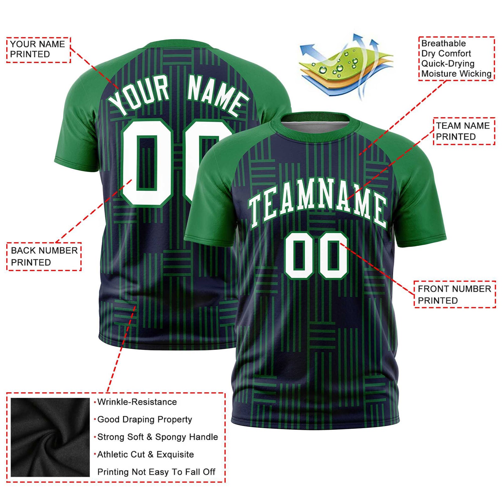 Custom Navy-Kelly Green Personalized Line Pattern Performance T-Shirt