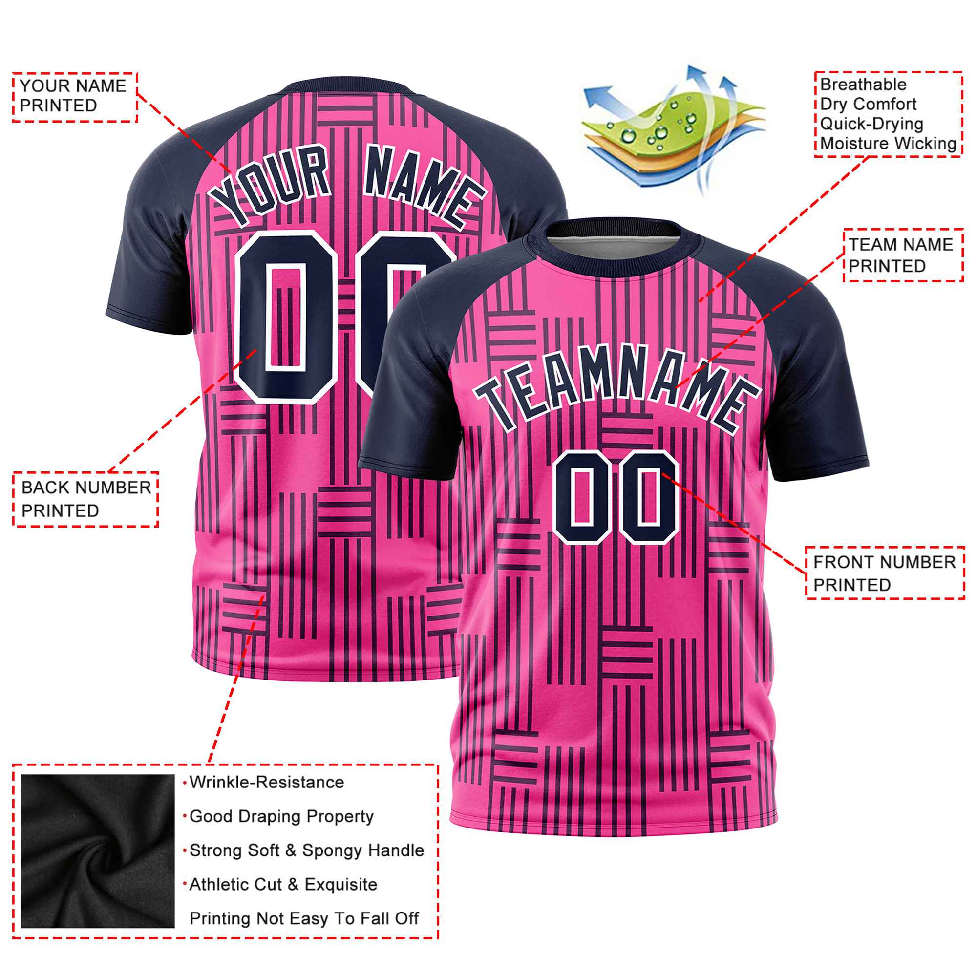 Custom Pink Navy Personalized Line Pattern Performance T-Shirt