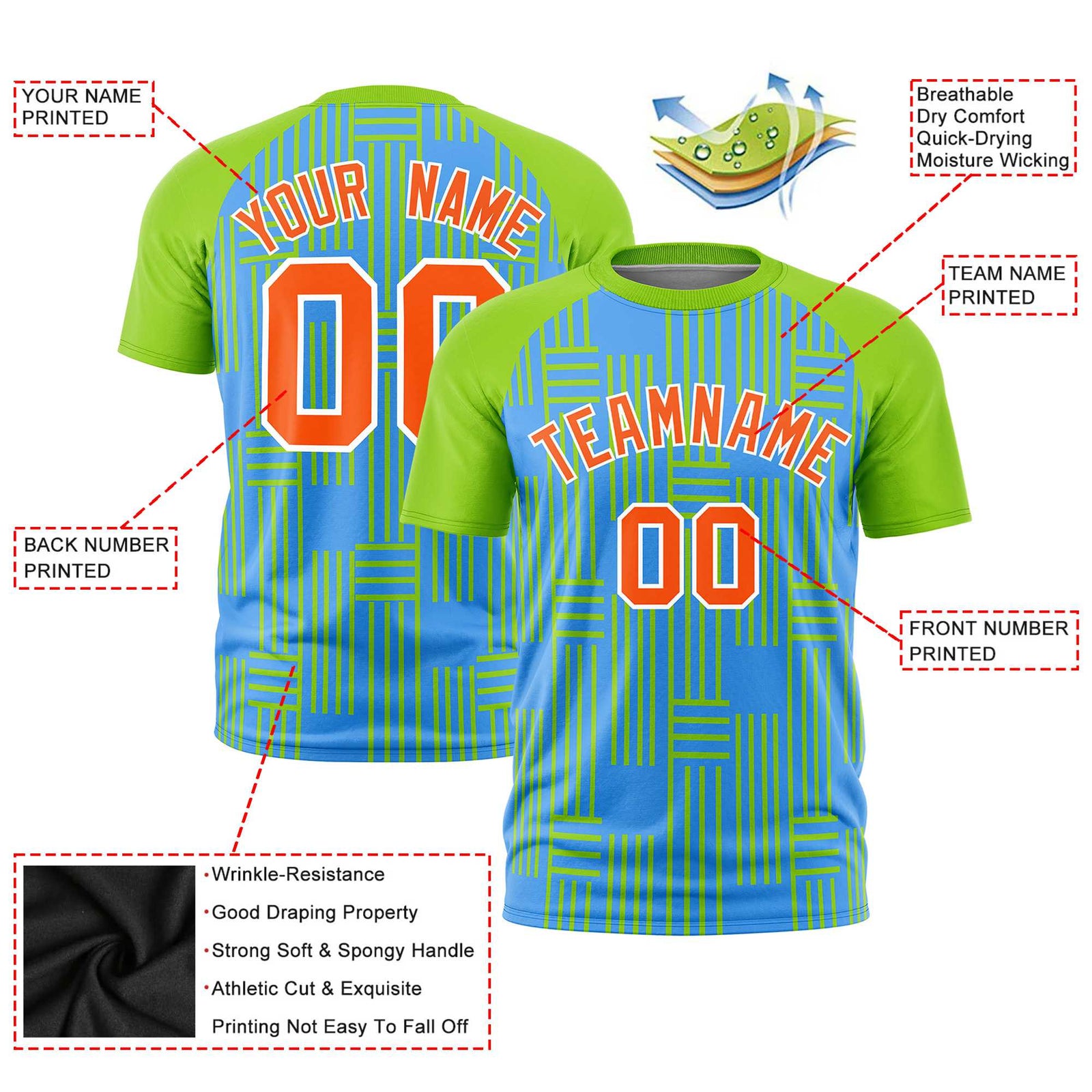 Custom Powder Blue-Neon Green Personalized Line Pattern Performance T-Shirt