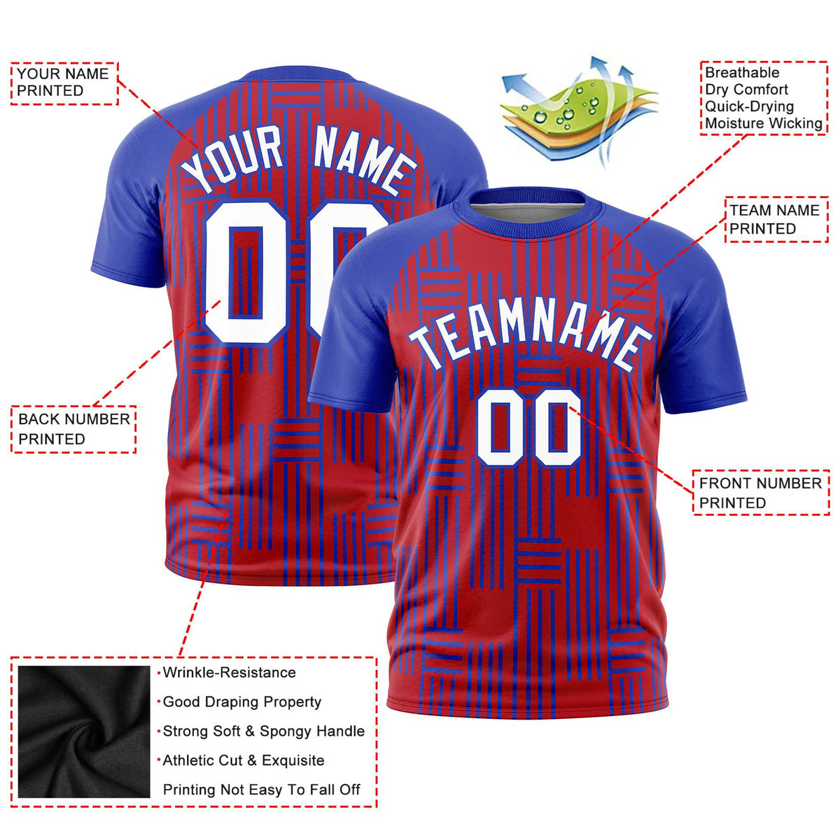 Custom Red-Royal Blue Personalized Line Pattern Performance T-Shirt