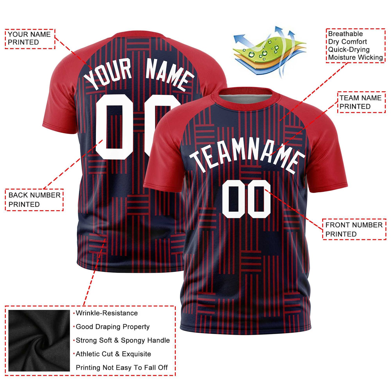 Custom Navy Red Personalized Line Pattern Performance T-Shirt