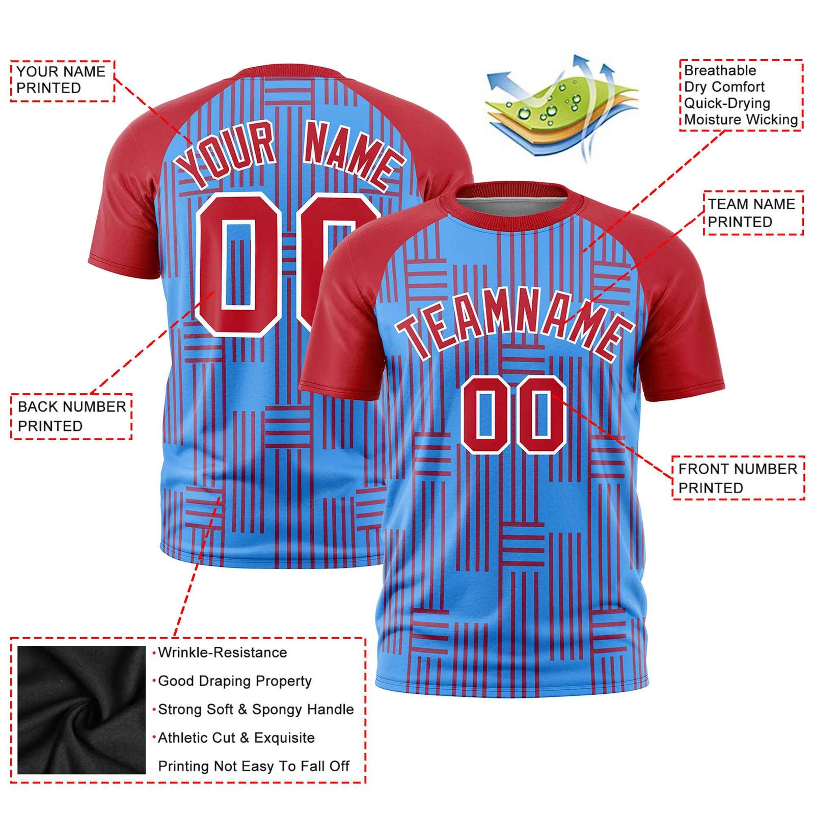 Custom Powder Blue-Red Personalized Line Pattern Performance T-Shirt