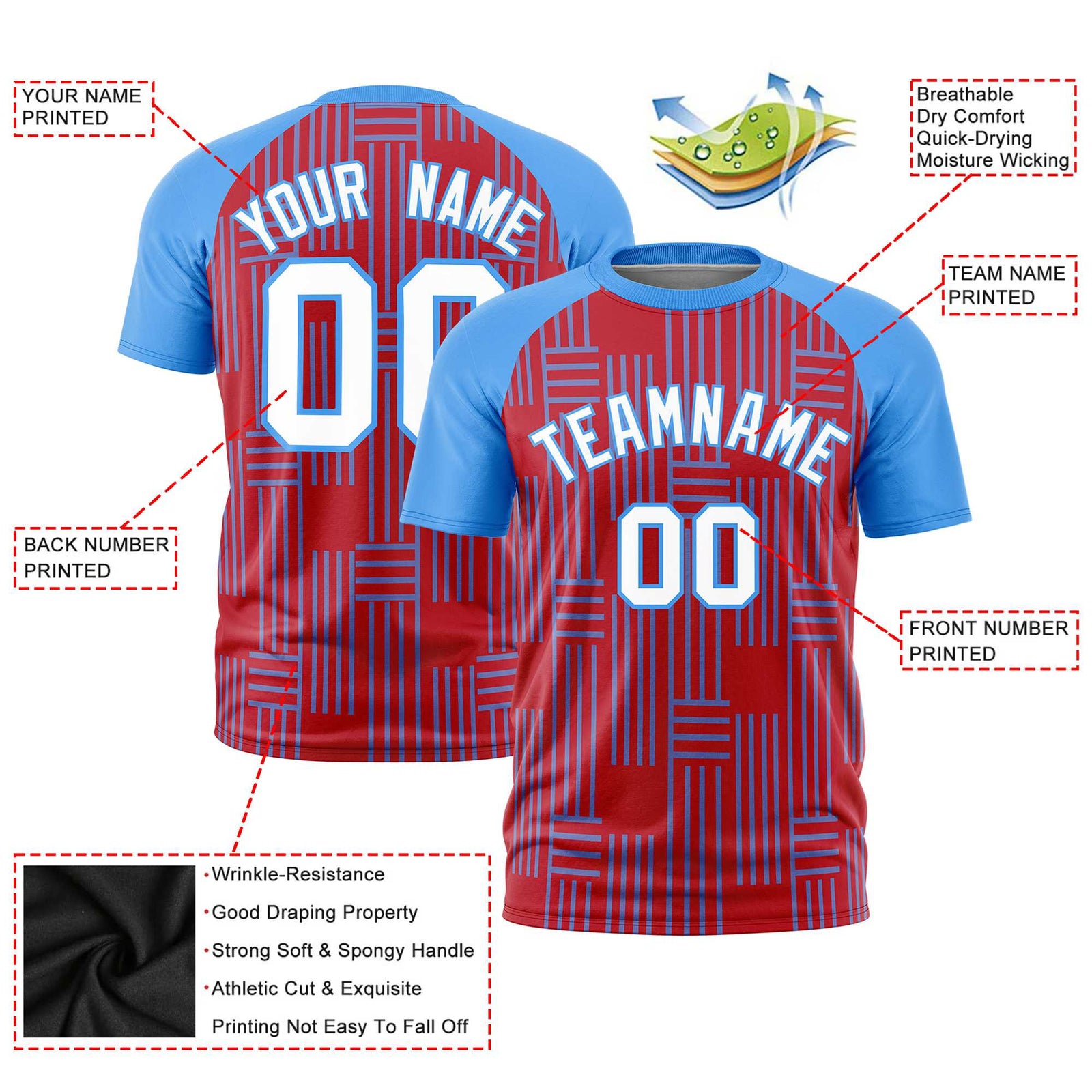 Custom Red-Powder Blue Personalized Line Pattern Performance T-Shirt