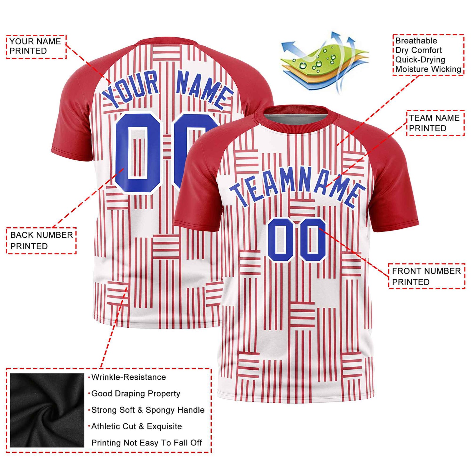 Custom White Red Personalized Line Pattern Performance T-Shirt