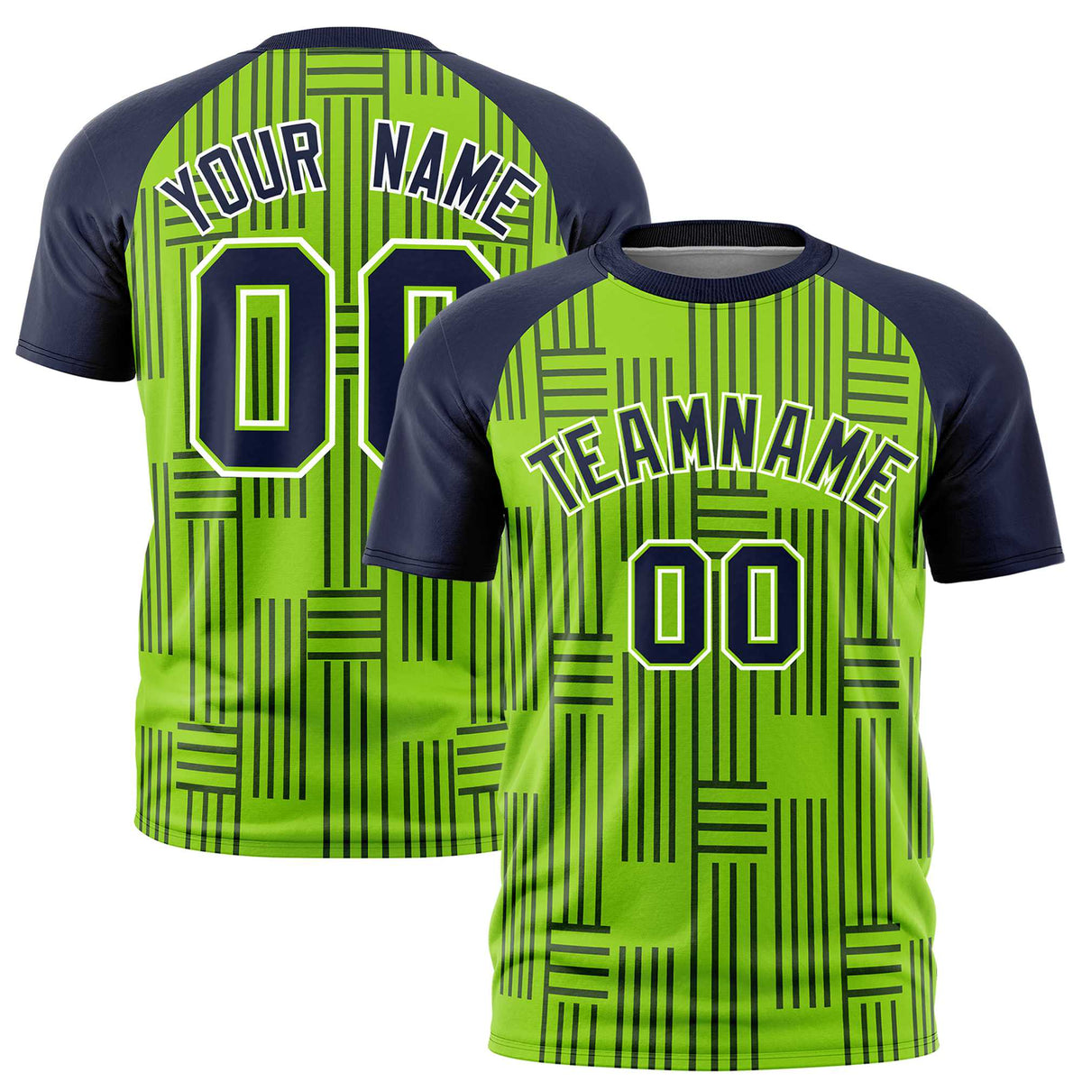 Custom Neon Green-Navy Personalized Line Pattern Performance T-Shirt