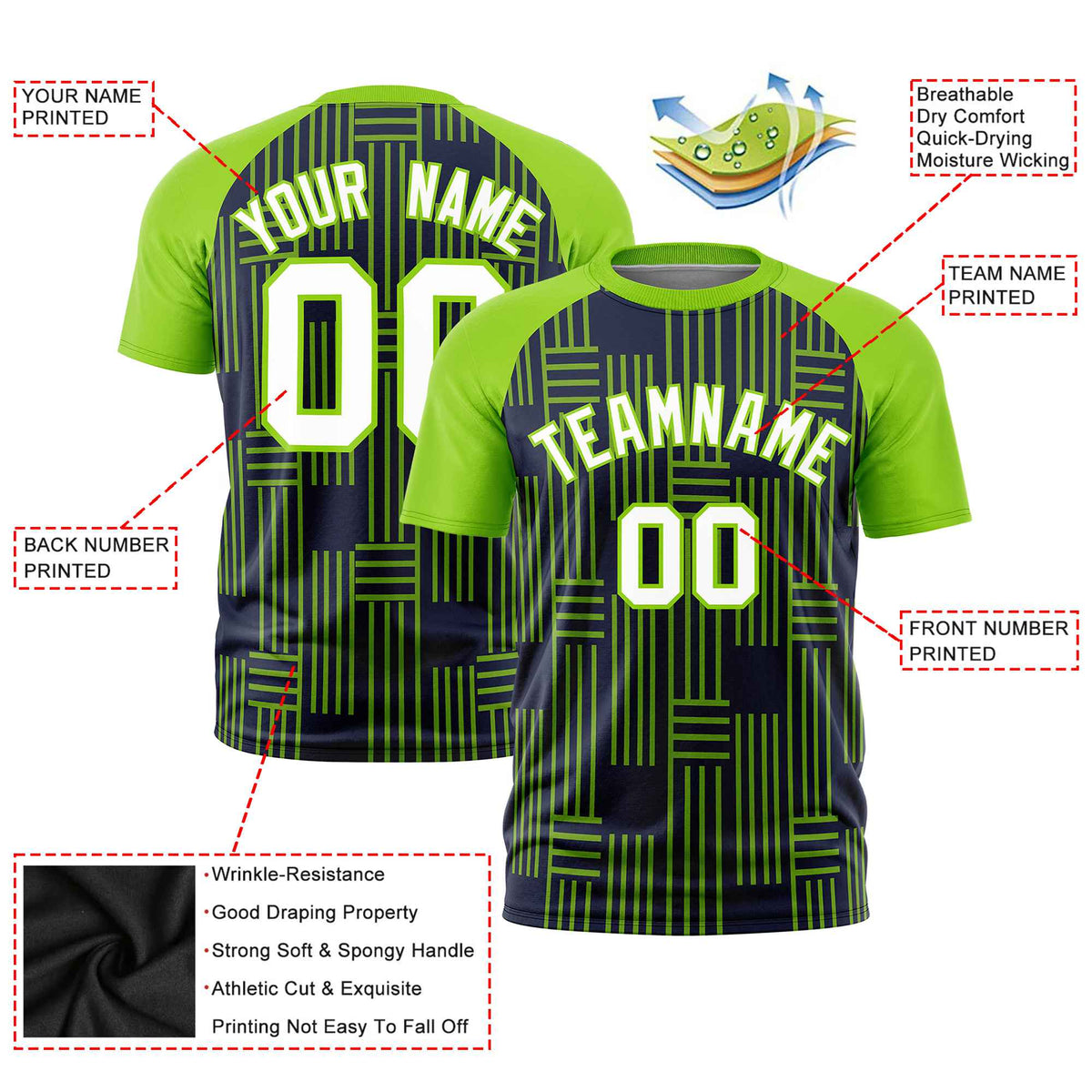 Custom Navy-Neon Green Personalized Line Pattern Performance T-Shirt