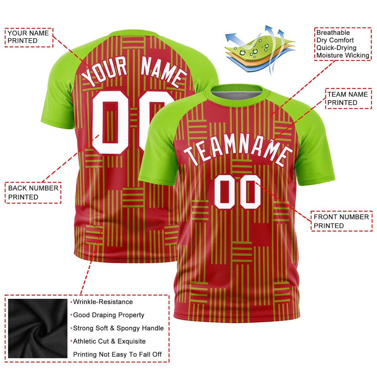 Custom Red-Neon Green Personalized Line Pattern Performance T-Shirt