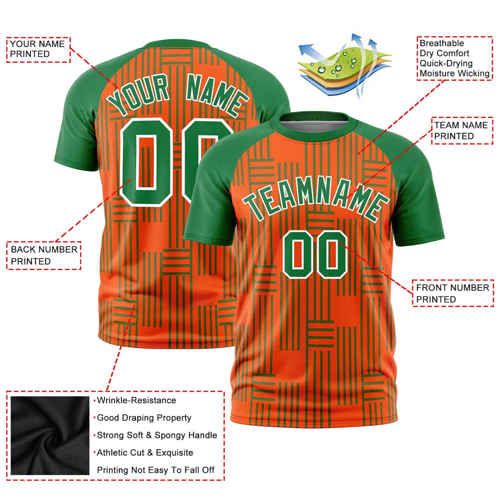 Custom Orange-Kelly Green Personalized Line Pattern Performance T-Shirt