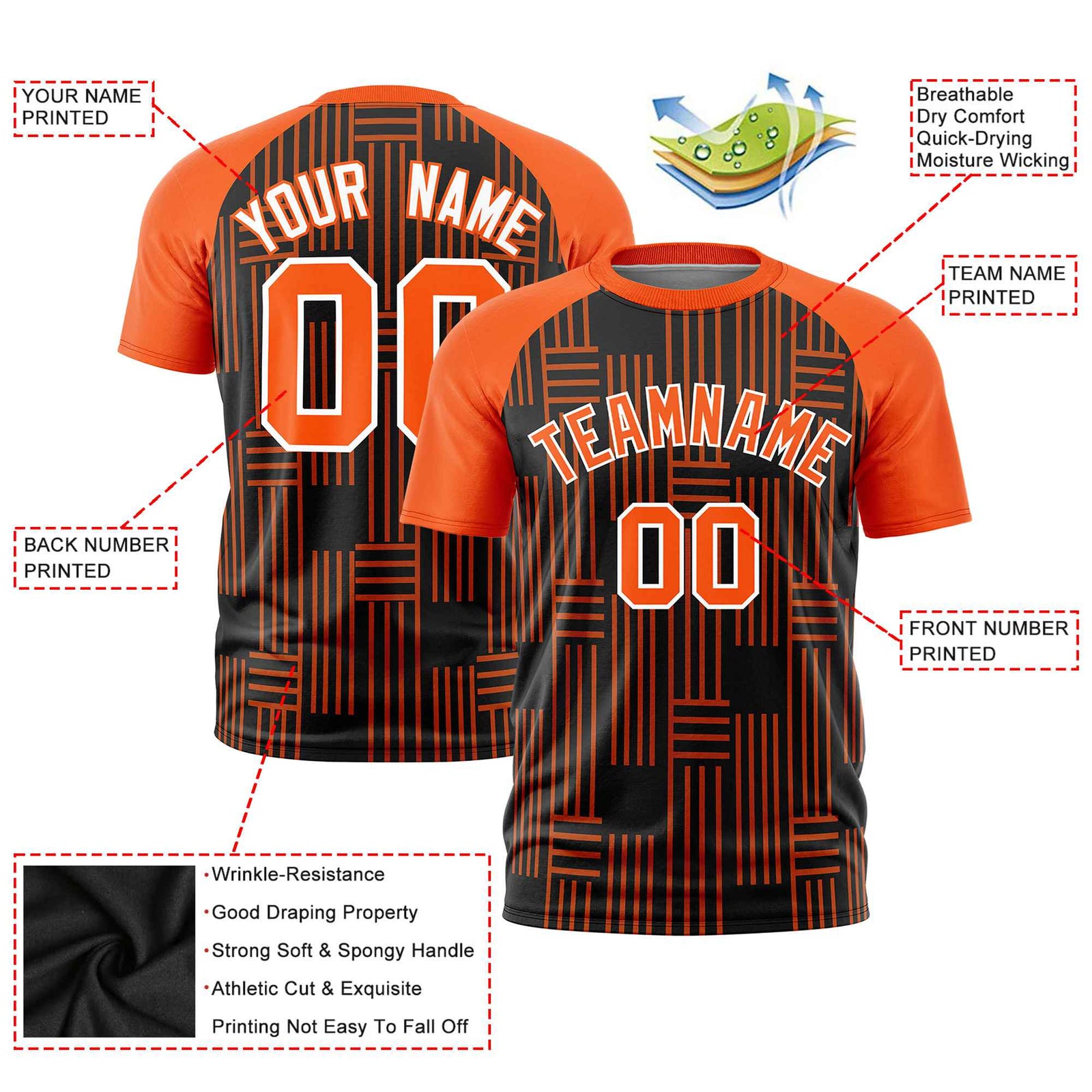 Custom Black Orange Personalized Line Pattern Performance T-Shirt