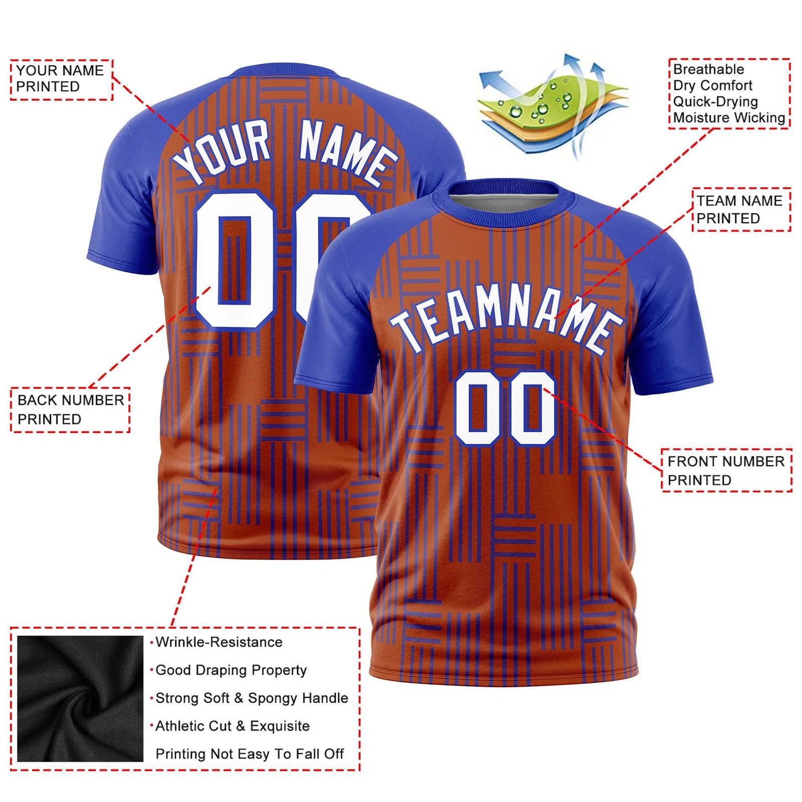 Custom Texas Orange-Royal Blue Personalized Line Pattern Performance T-Shirt
