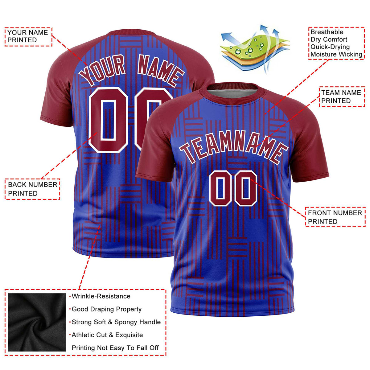 Custom Royal Blue-Crimson Personalized Line Pattern Performance T-Shirt