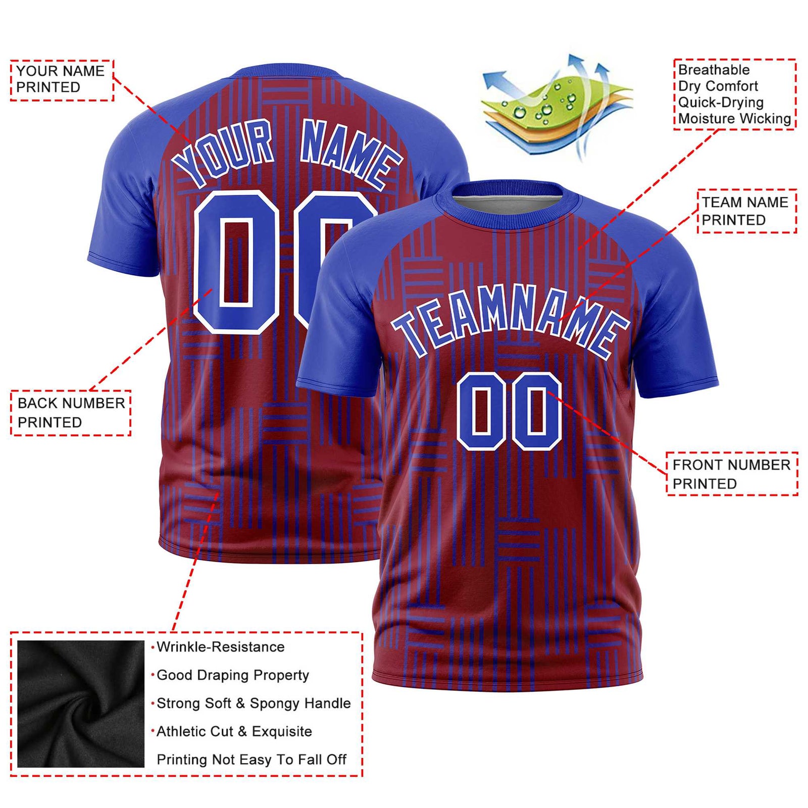 Custom Crimson-Royal Blue Personalized Line Pattern Performance T-Shirt