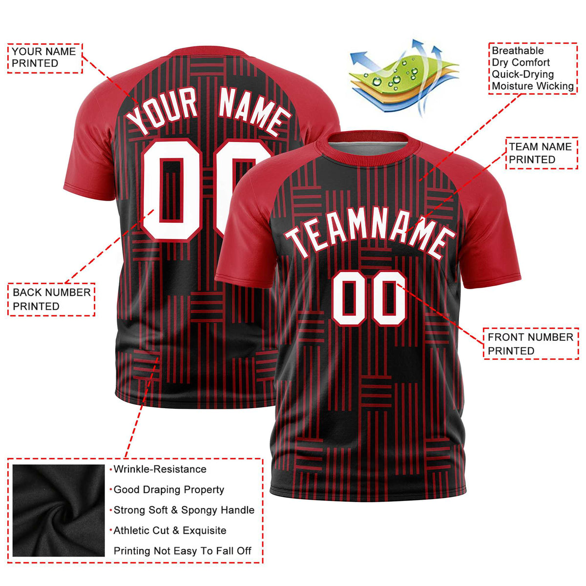 Custom Black Red Personalized Line Pattern Performance T-Shirt