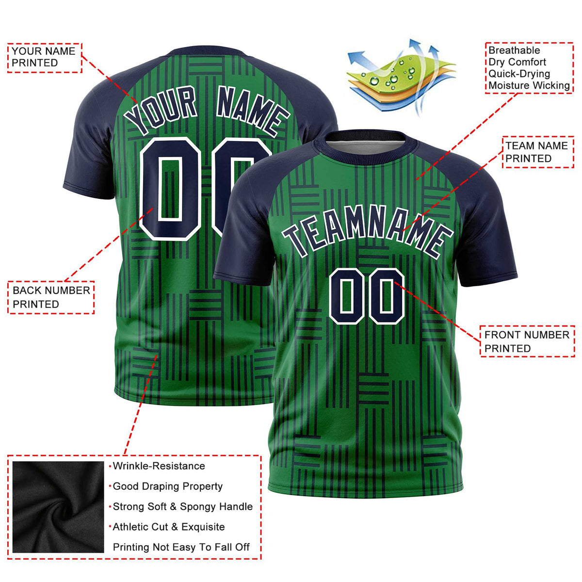 Custom Kelly Green-Navy Personalized Line Pattern Performance T-Shirt