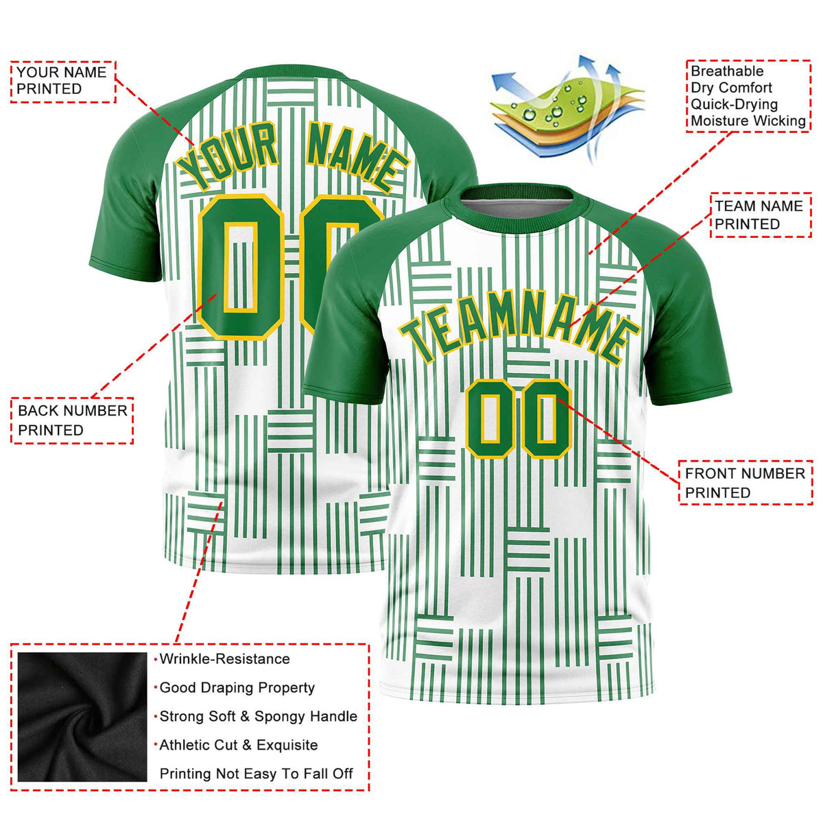 Custom White-Kelly Green Personalized Line Pattern Performance T-Shirt