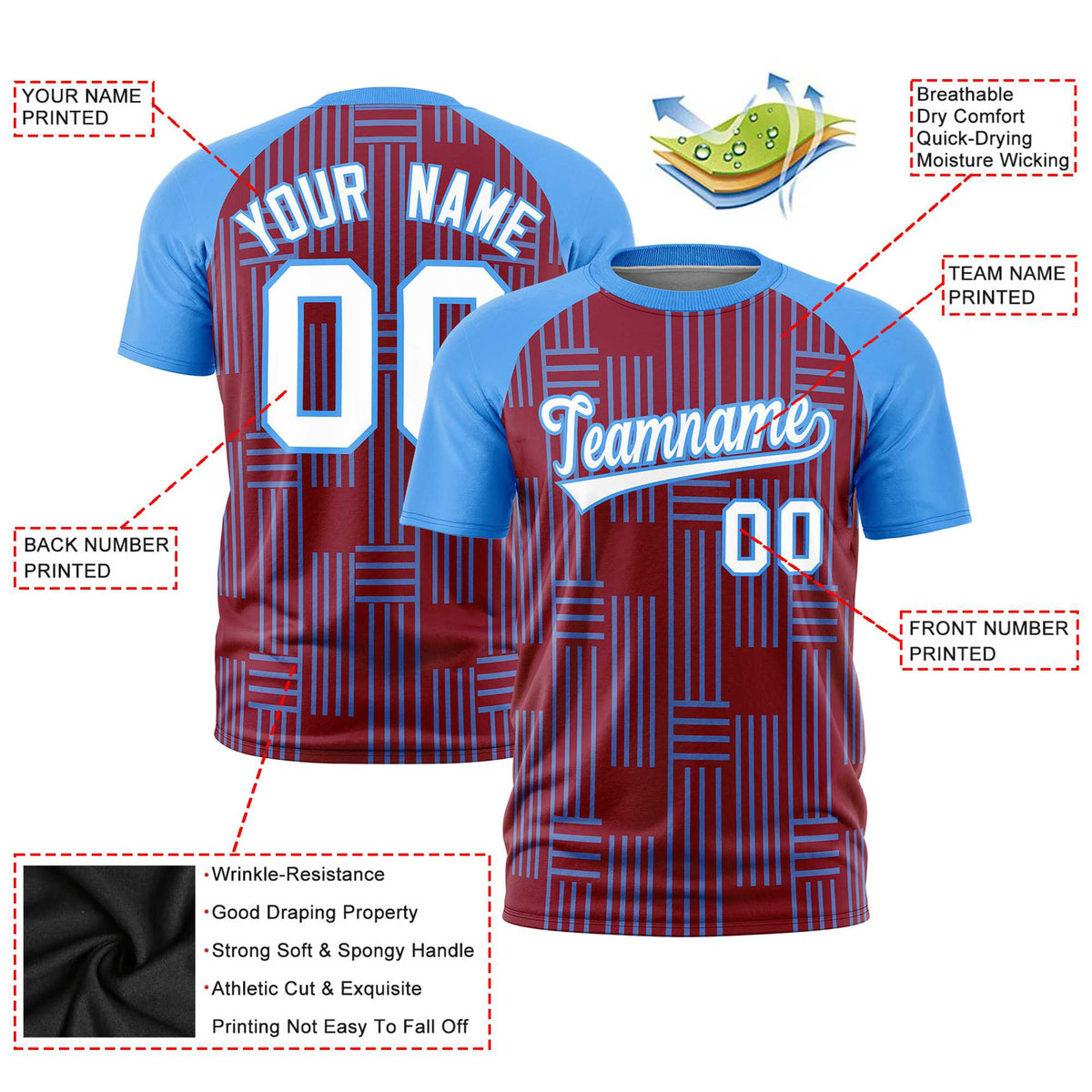 Custom Crimson-Powder Blue Personalized Line Pattern Performance T-Shirt