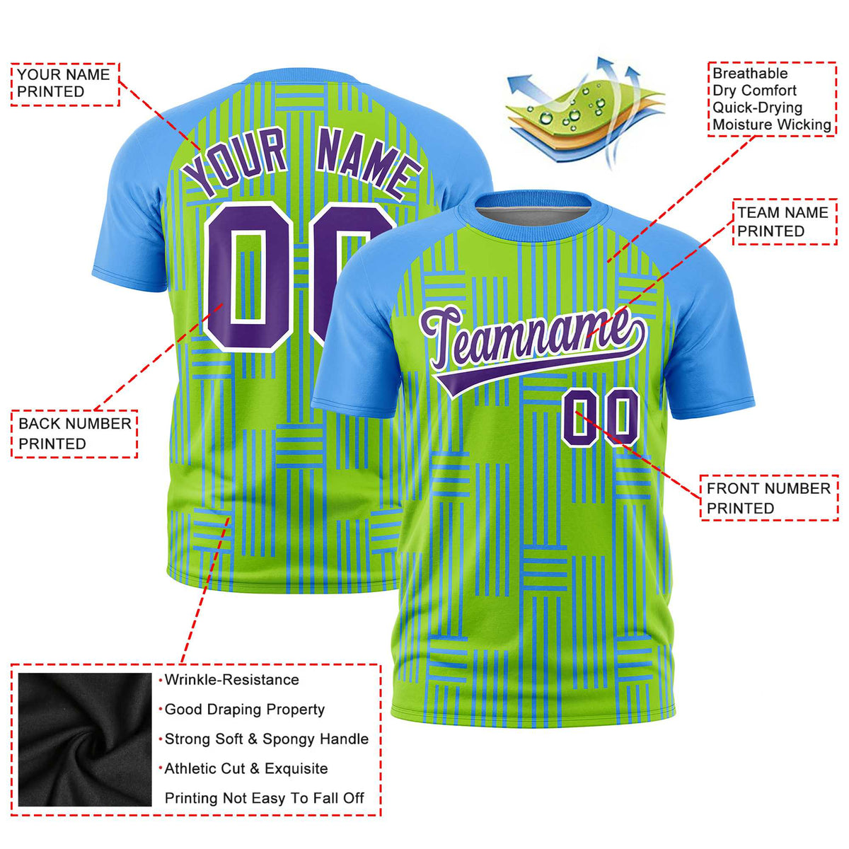 Custom Neon Green-Powder Blue Personalized Line Pattern Performance T-Shirt
