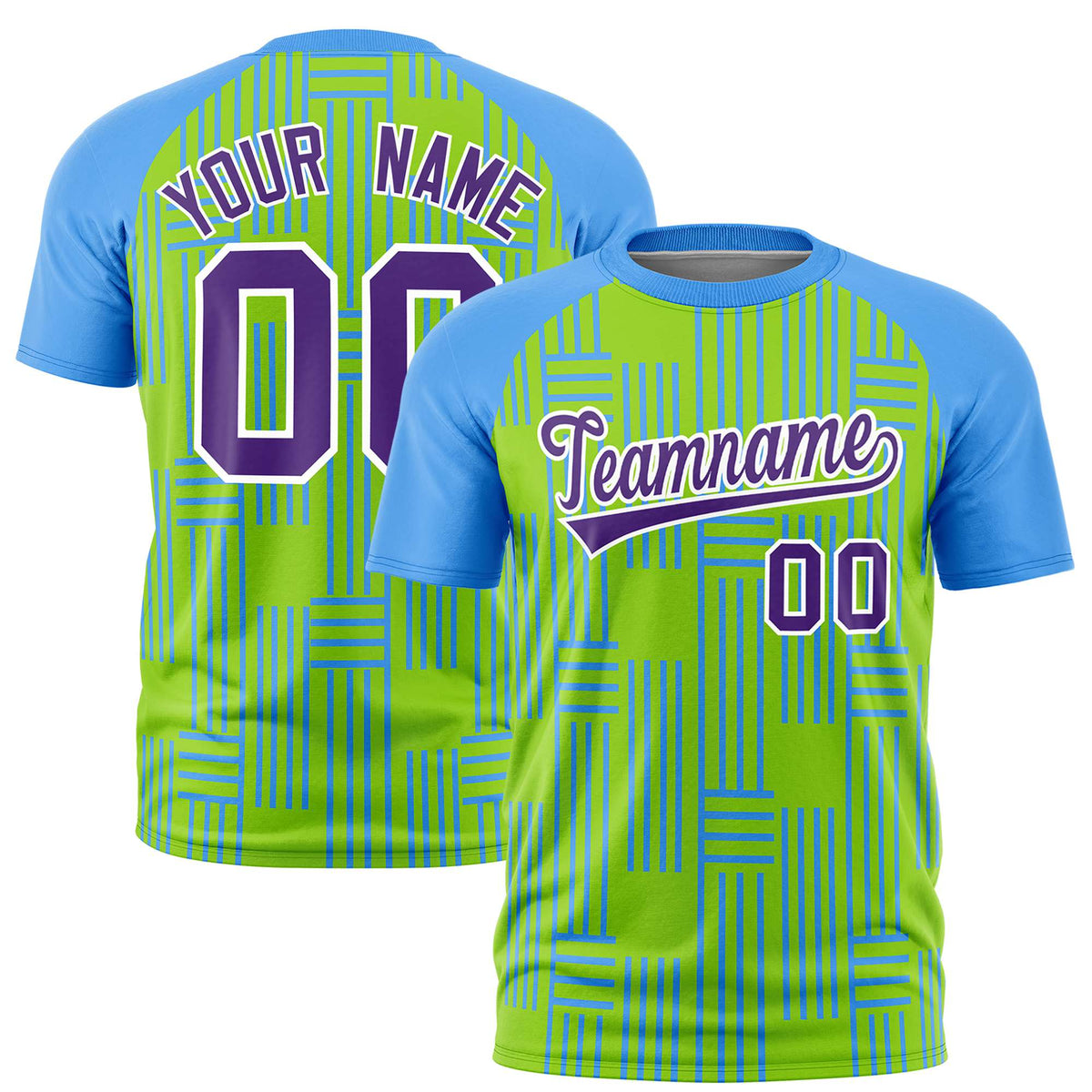 Custom Neon Green-Powder Blue Personalized Line Pattern Performance T-Shirt