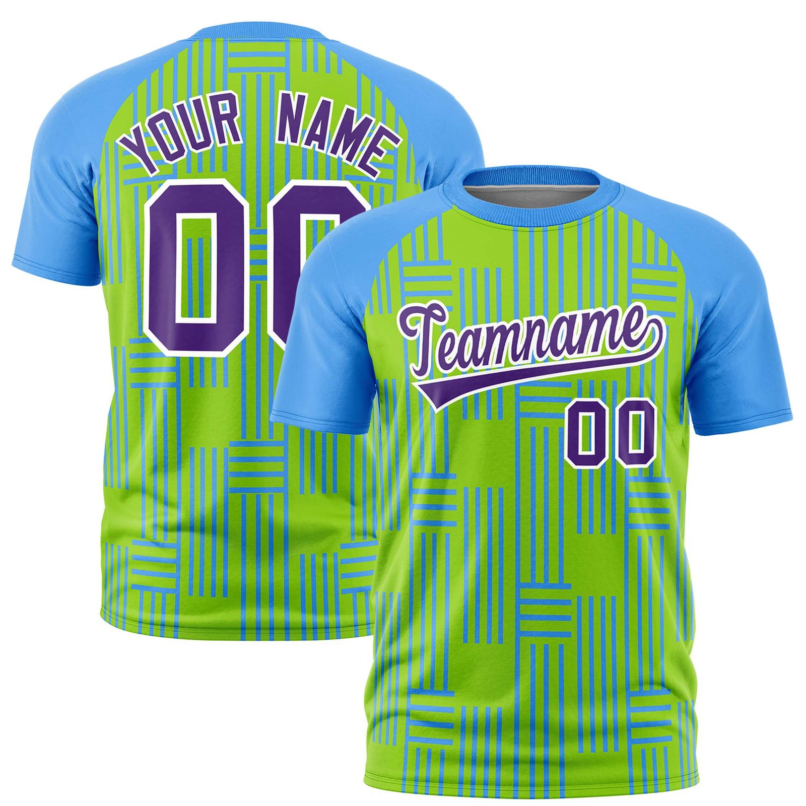 Custom Neon Green-Powder Blue Personalized Line Pattern Performance T-Shirt