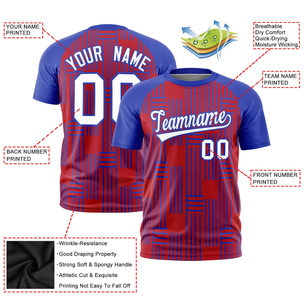Custom Red-Royal Blue Personalized Line Pattern Performance T-Shirt