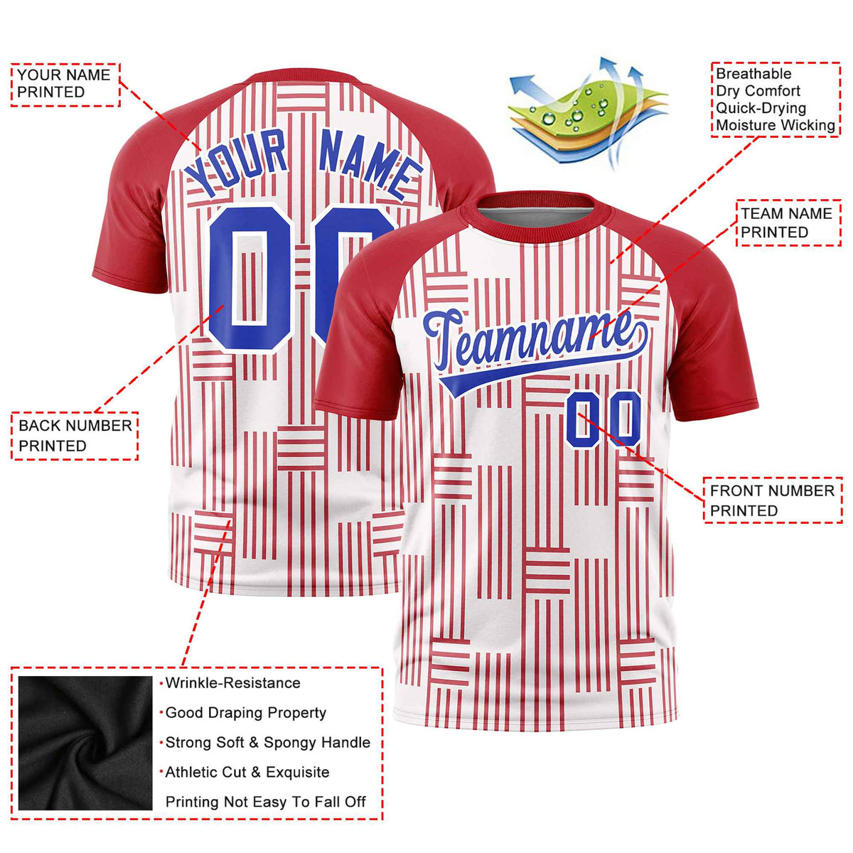 Custom White Red Personalized Line Pattern Performance T-Shirt